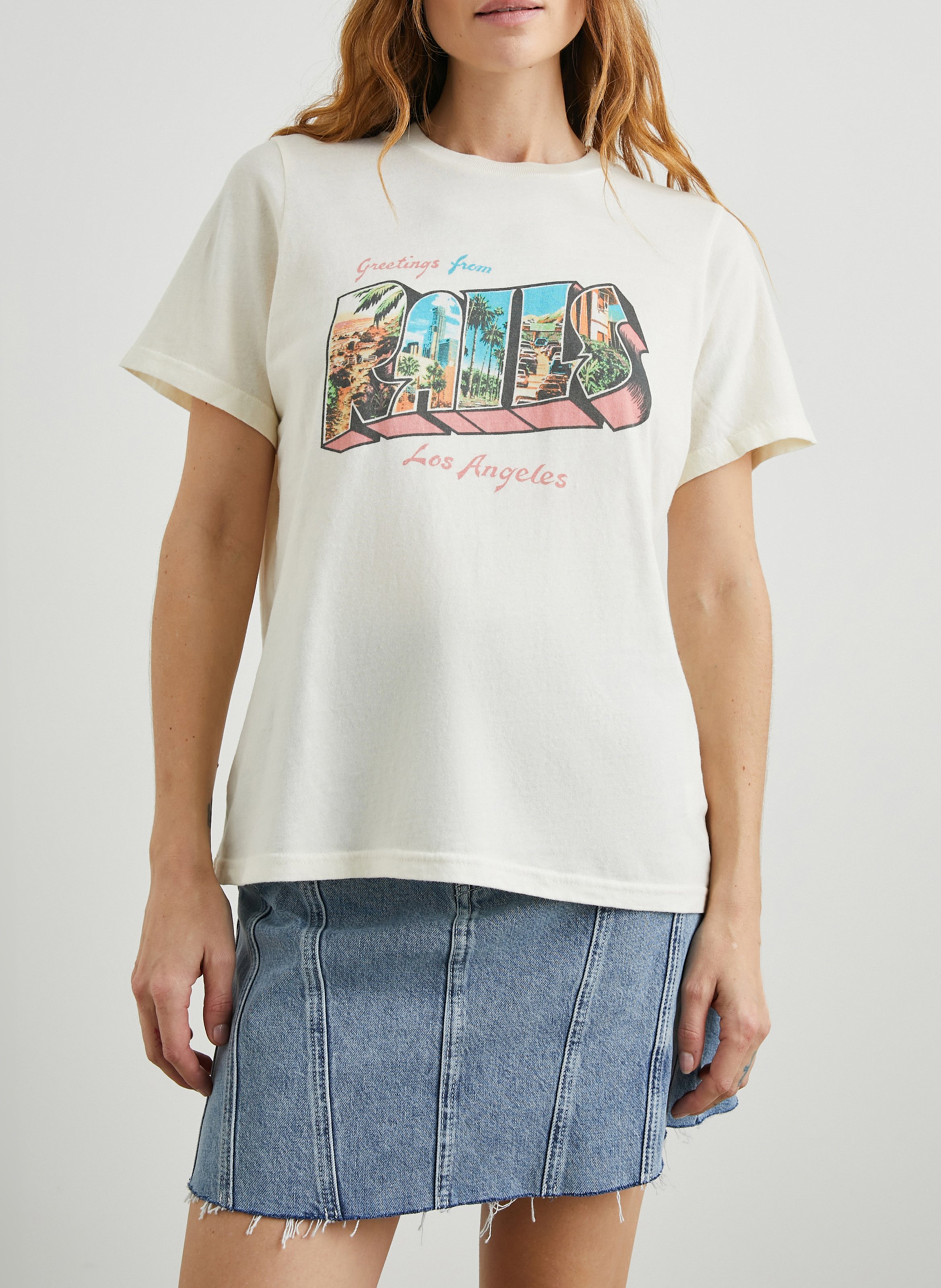 Tee-shirt droit col rond sérigraphié en coton RAILS Beige