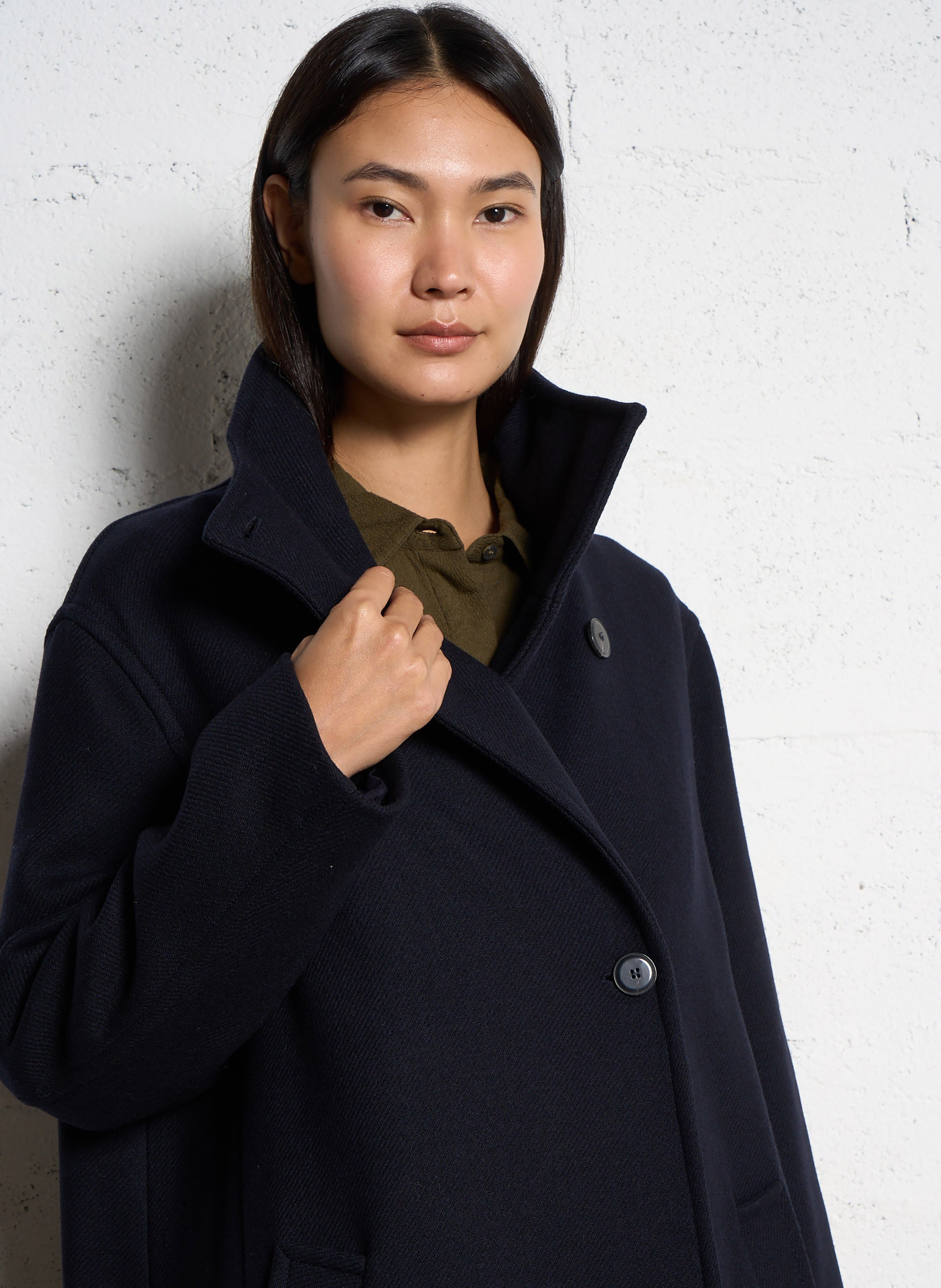 Rechte jas van wolmix met opstaande kraag POMANDERE Blauw