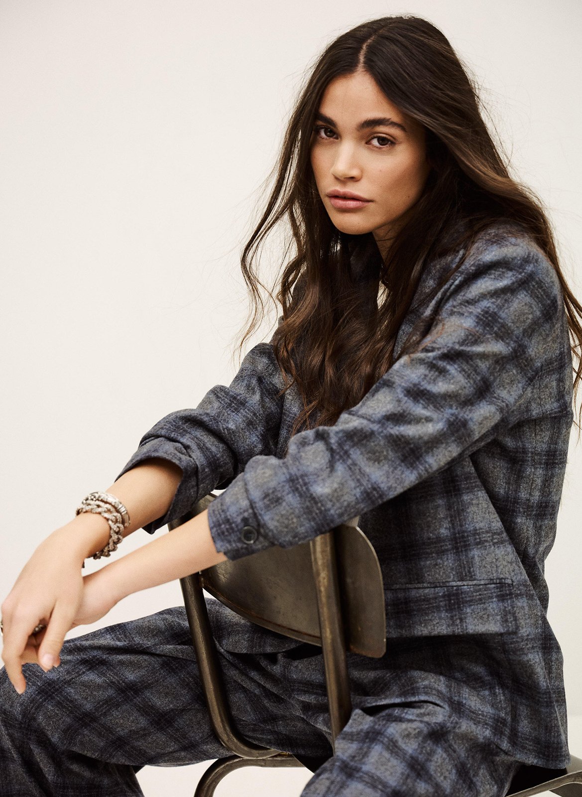 Veste tailleur droite en laine mélangée à carreaux BA&SH Bleu