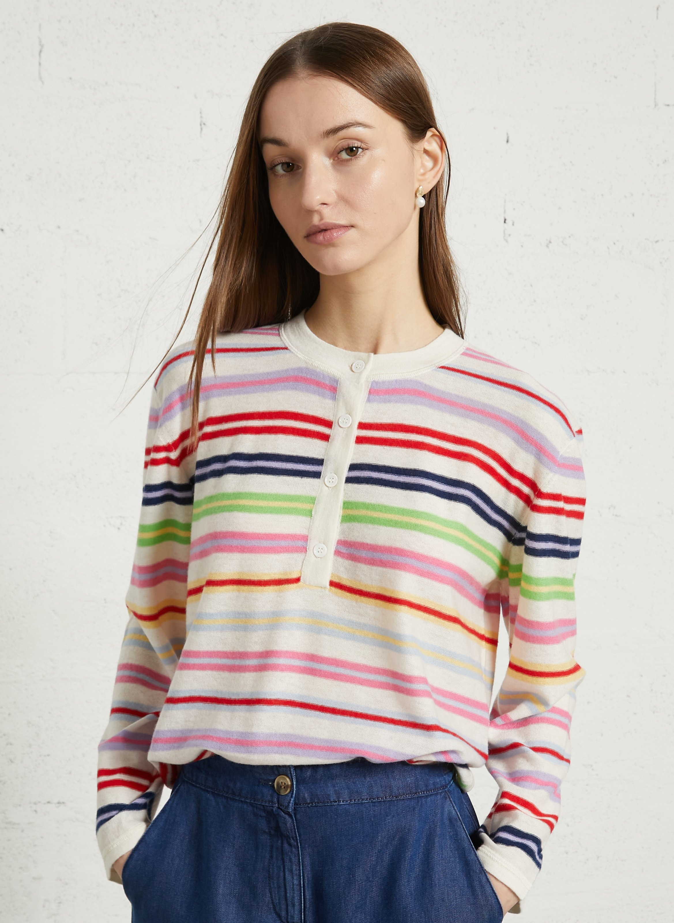 Rundhalsausschnitt-Pullover mit Knopfleiste und Streifenmuster aus Kaschmir MAJESTIC FILATURES Beige