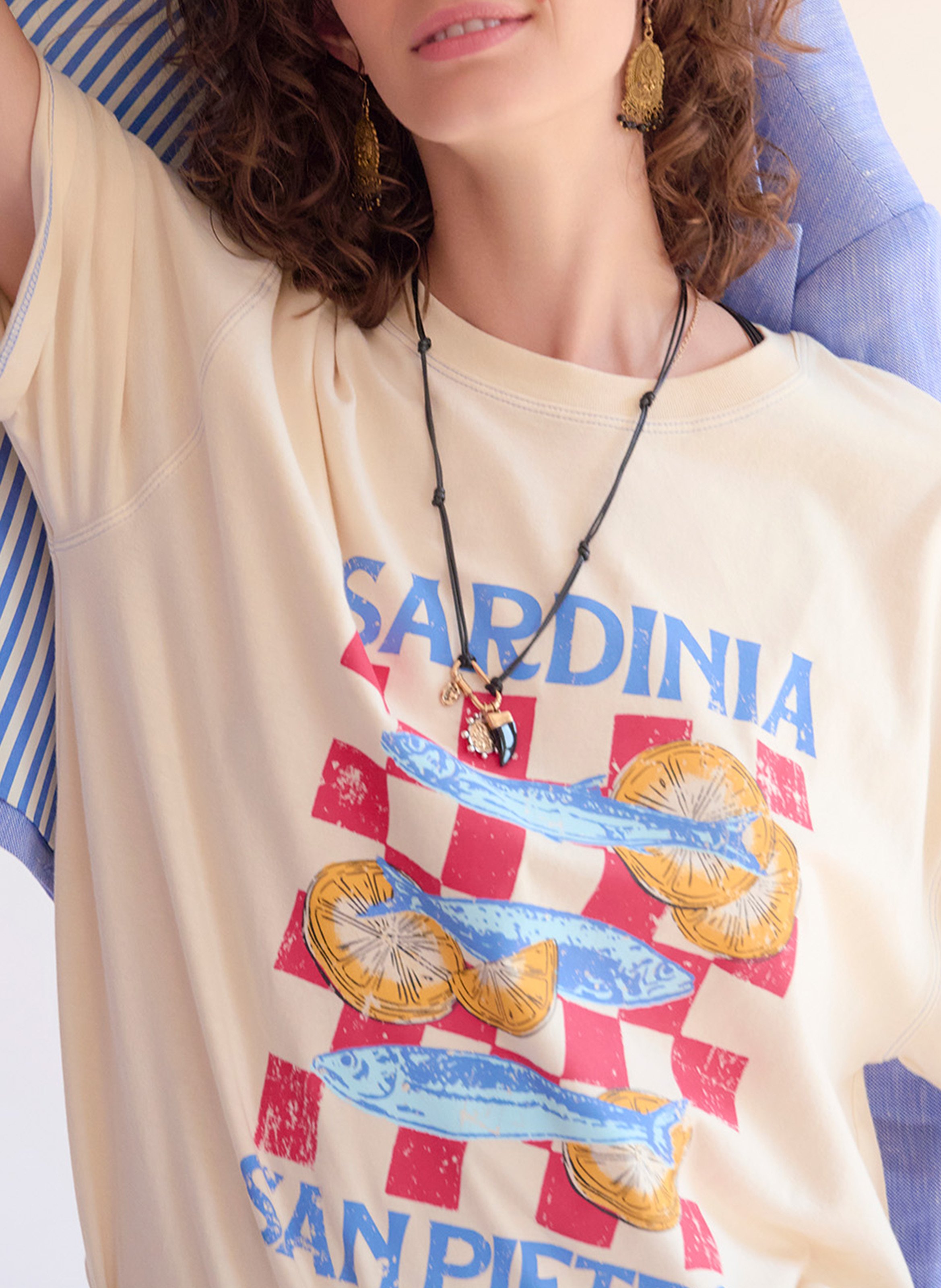 Straight round-neck cotton T-shirt with screen print MKT Beige