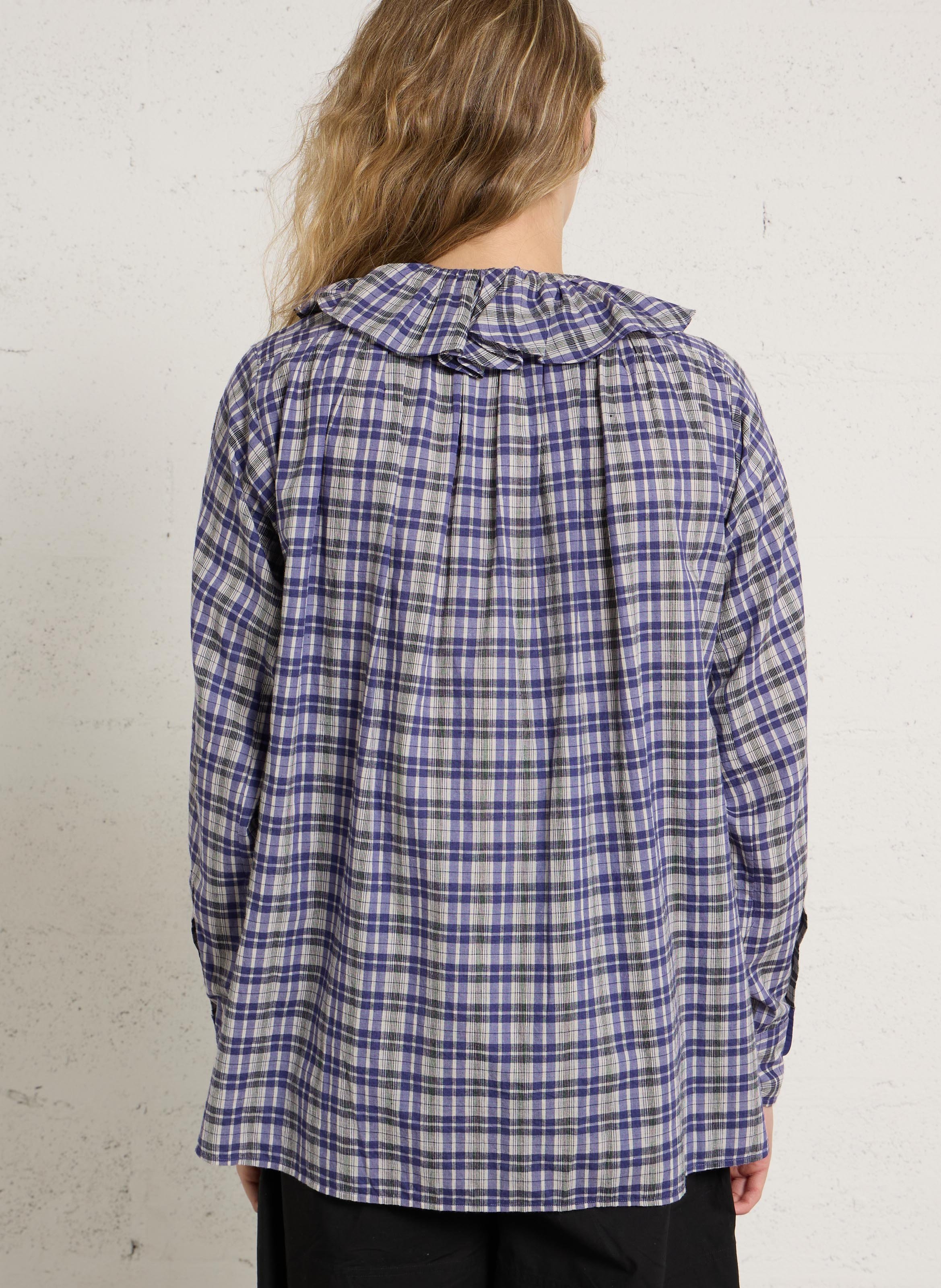 Round Neck Checkered Shirt with Ruffles LAURENCE BRAS Blue