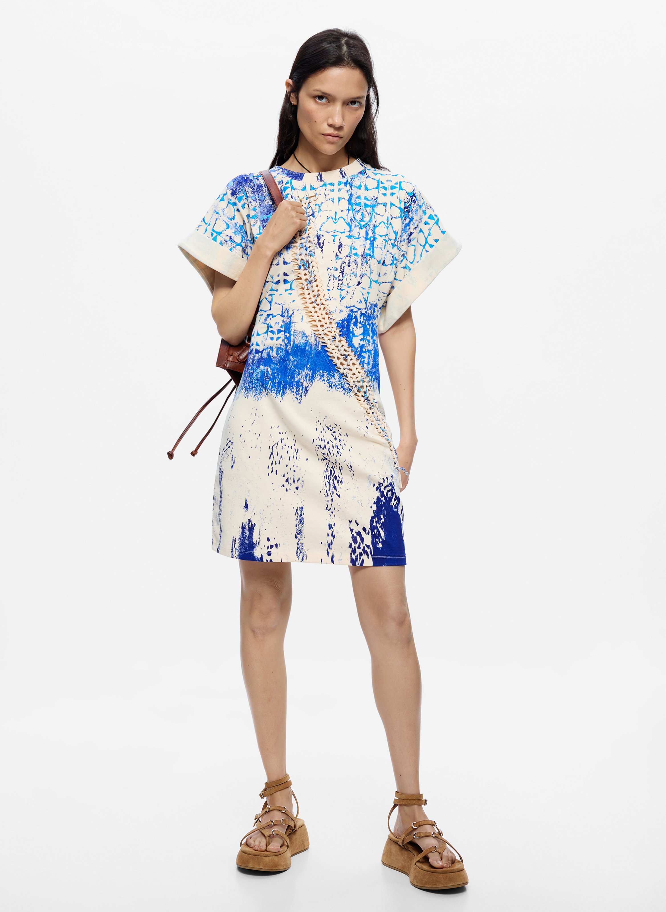Korte, katoenen jurk met ronde hals en print DESIGUAL Wit