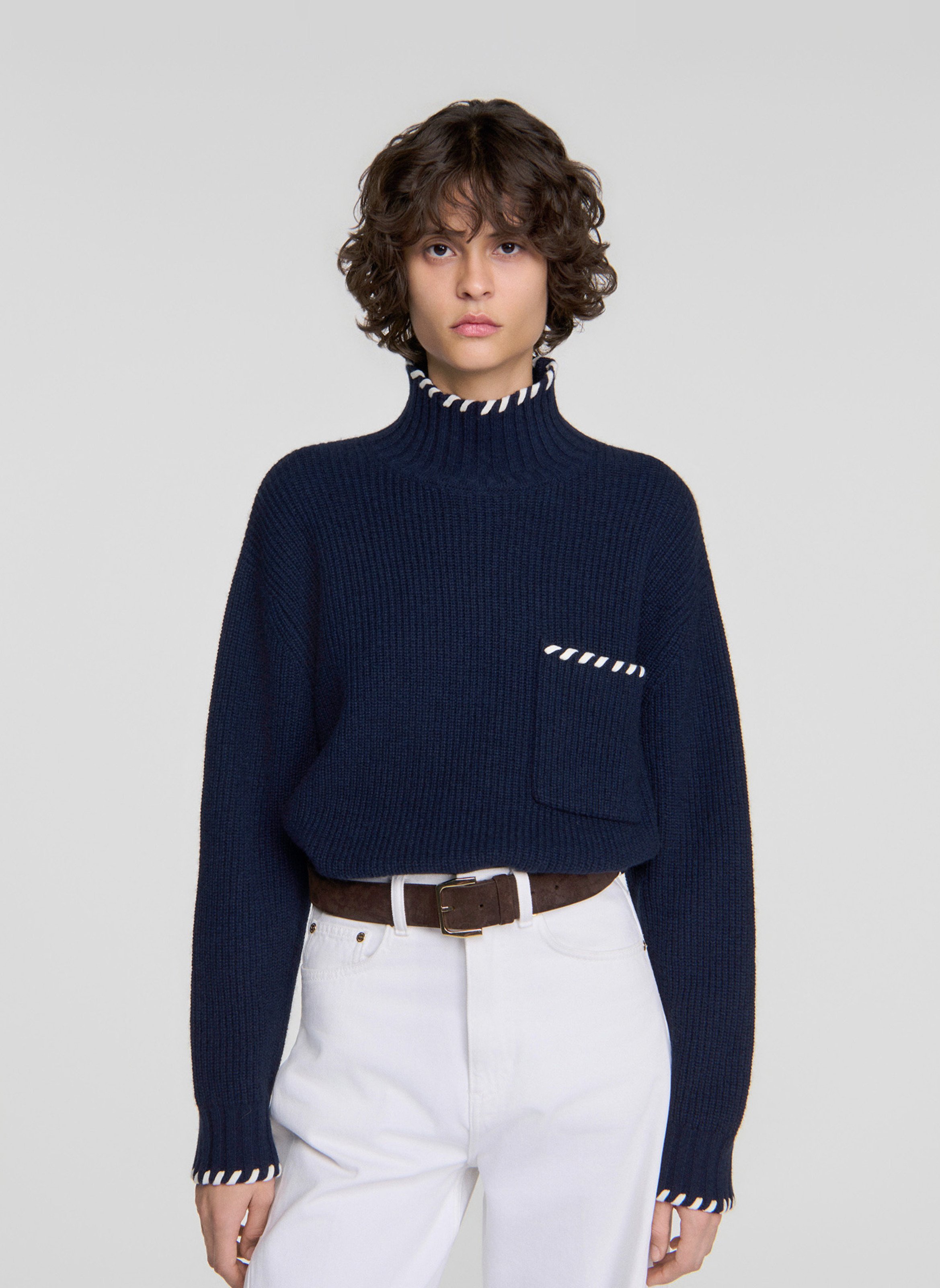Pull col montant ample en laine SANDRO Bleu