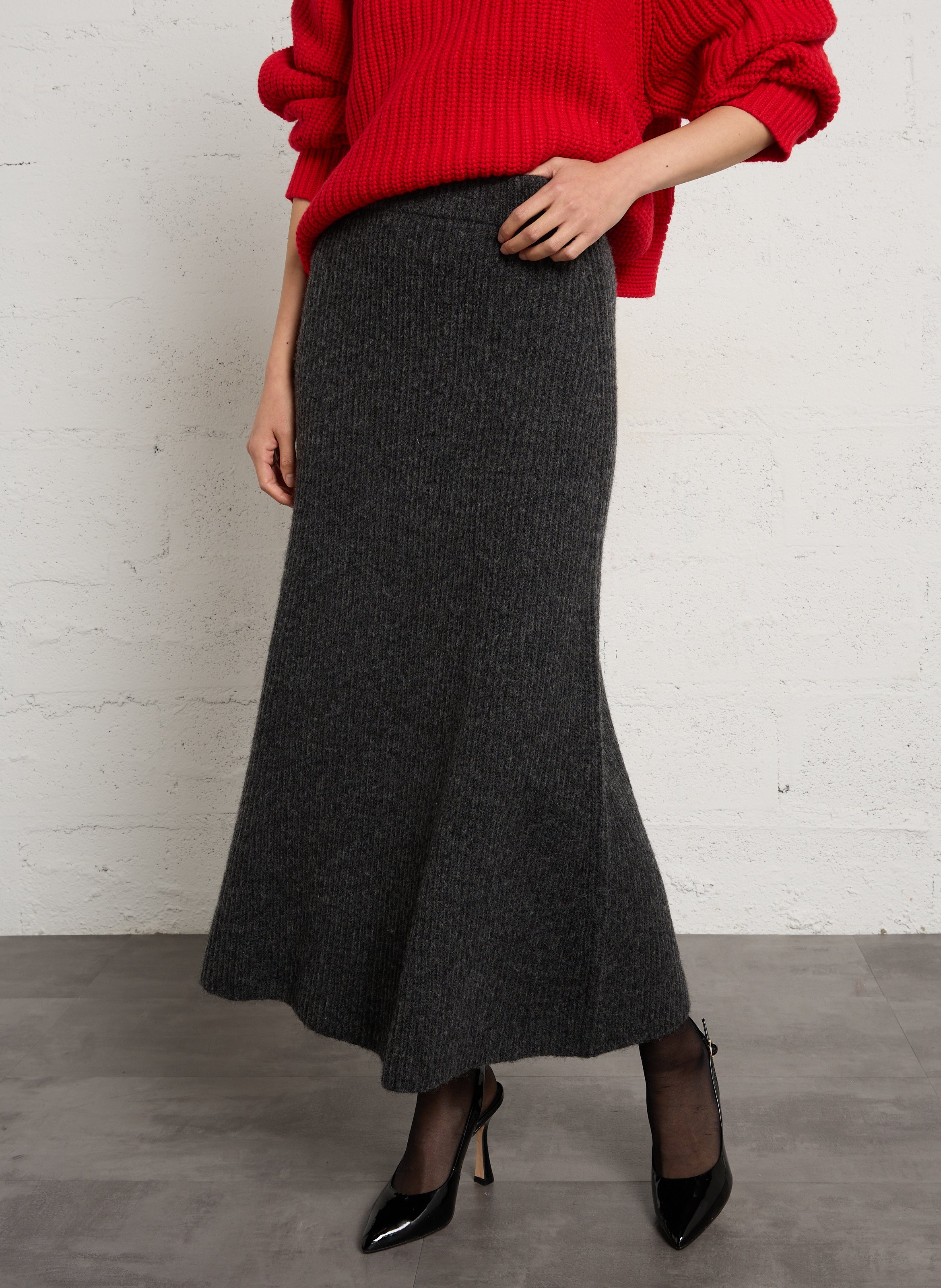 Flared cotton and wool midi skirt DES PETITS HAUTS Grey