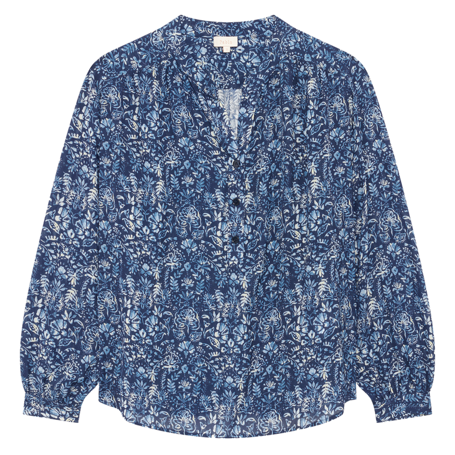 Blouse col tunisien imprimée PABLO Bleu