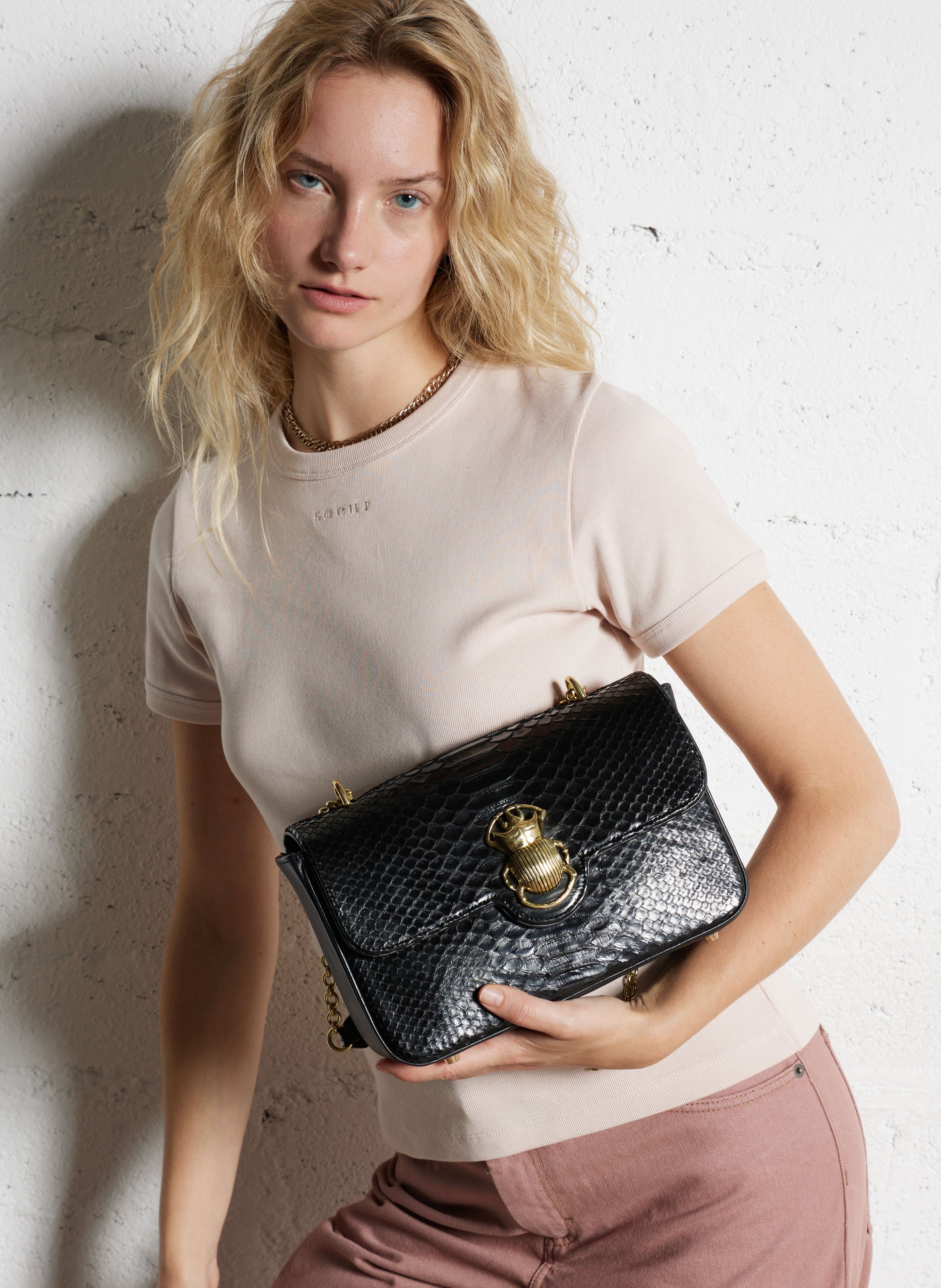 Sac bandoulière en cuir de python CLARIS VIROT Noir