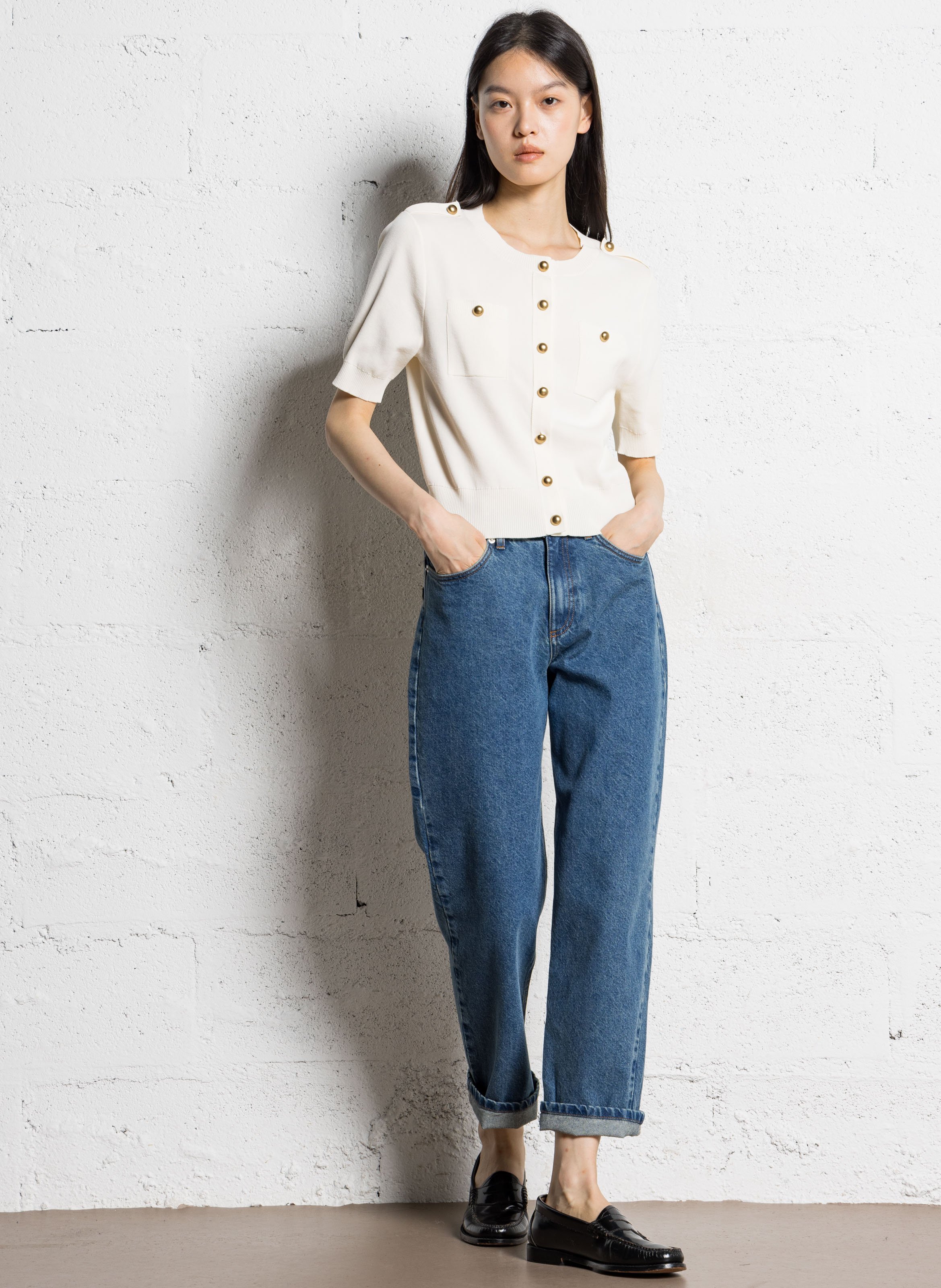 Cardigan droit col rond en coton mélangé IKKS Blanc