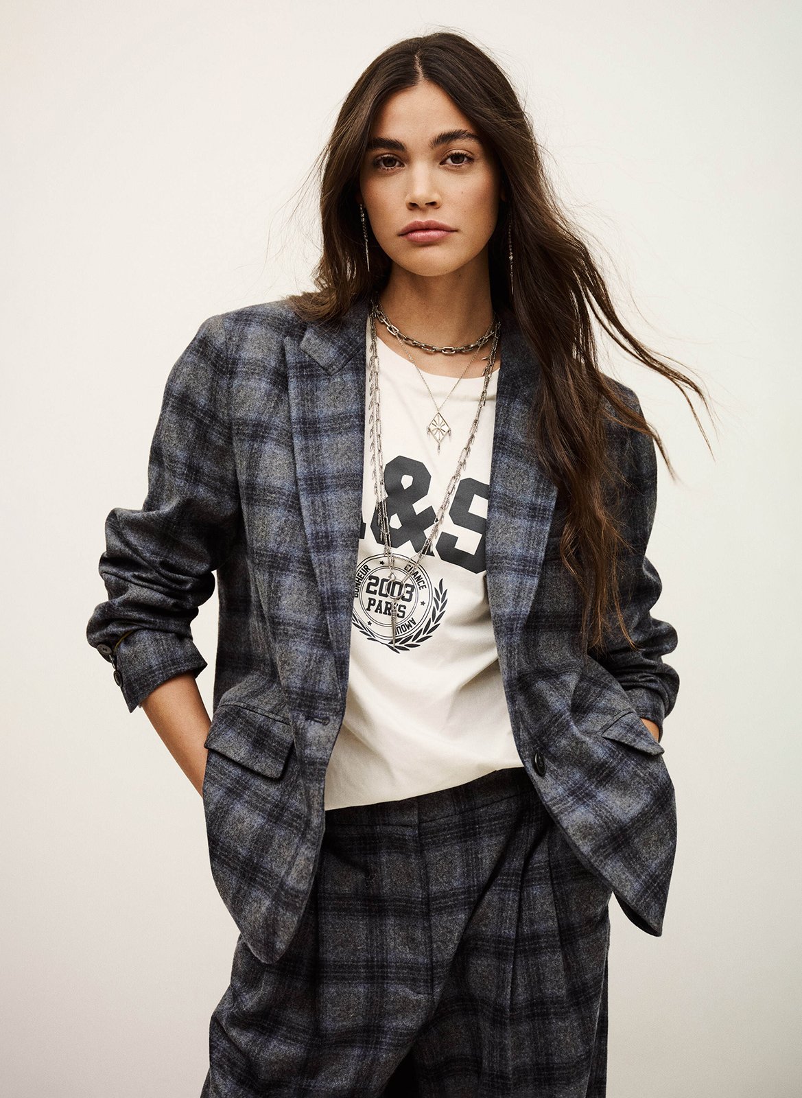 Veste tailleur droite en laine mélangée à carreaux BA&SH Bleu