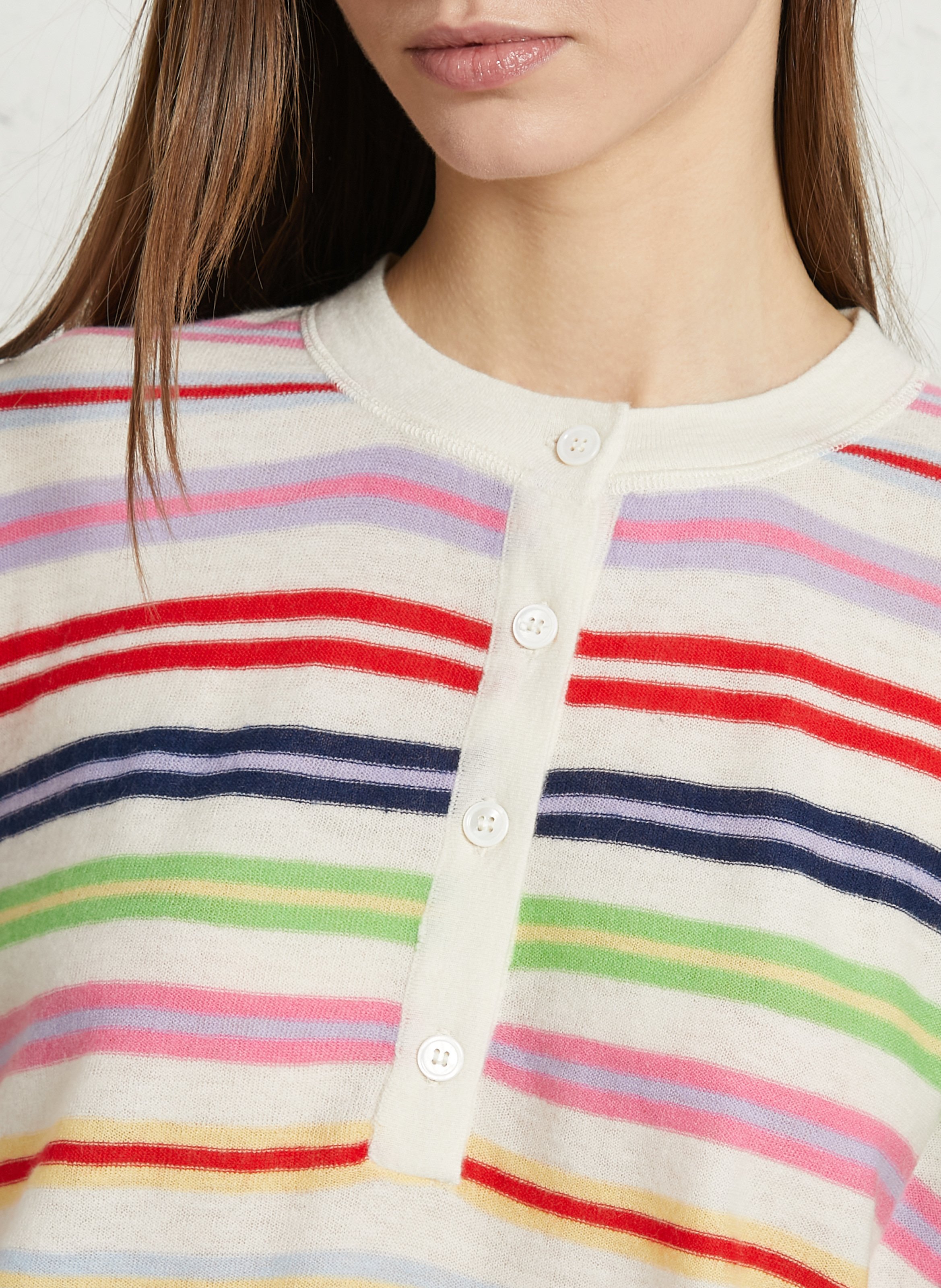 Rundhalsausschnitt-Pullover mit Knopfleiste und Streifenmuster aus Kaschmir MAJESTIC FILATURES Beige