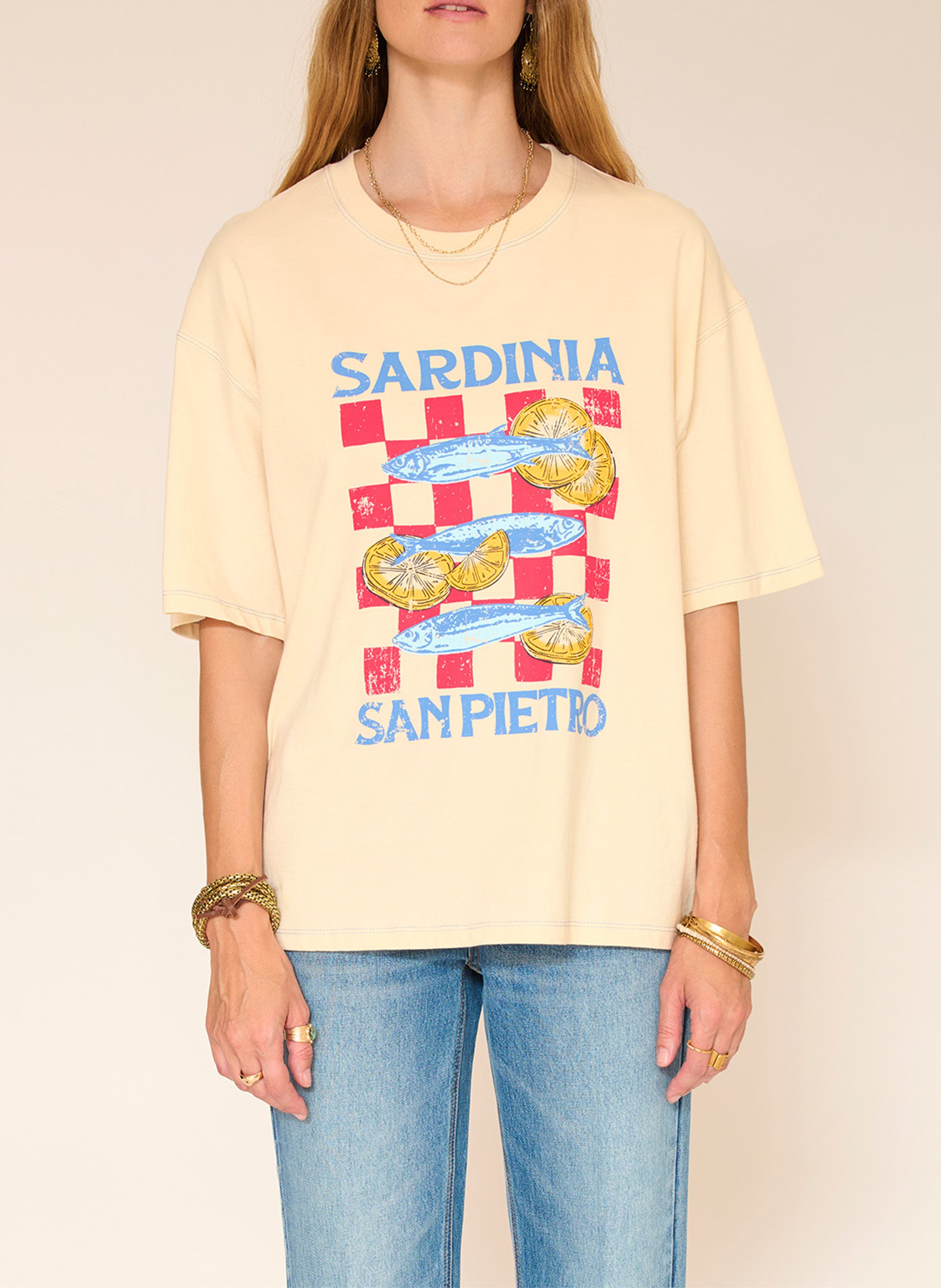 Straight round-neck cotton T-shirt with screen print MKT Beige