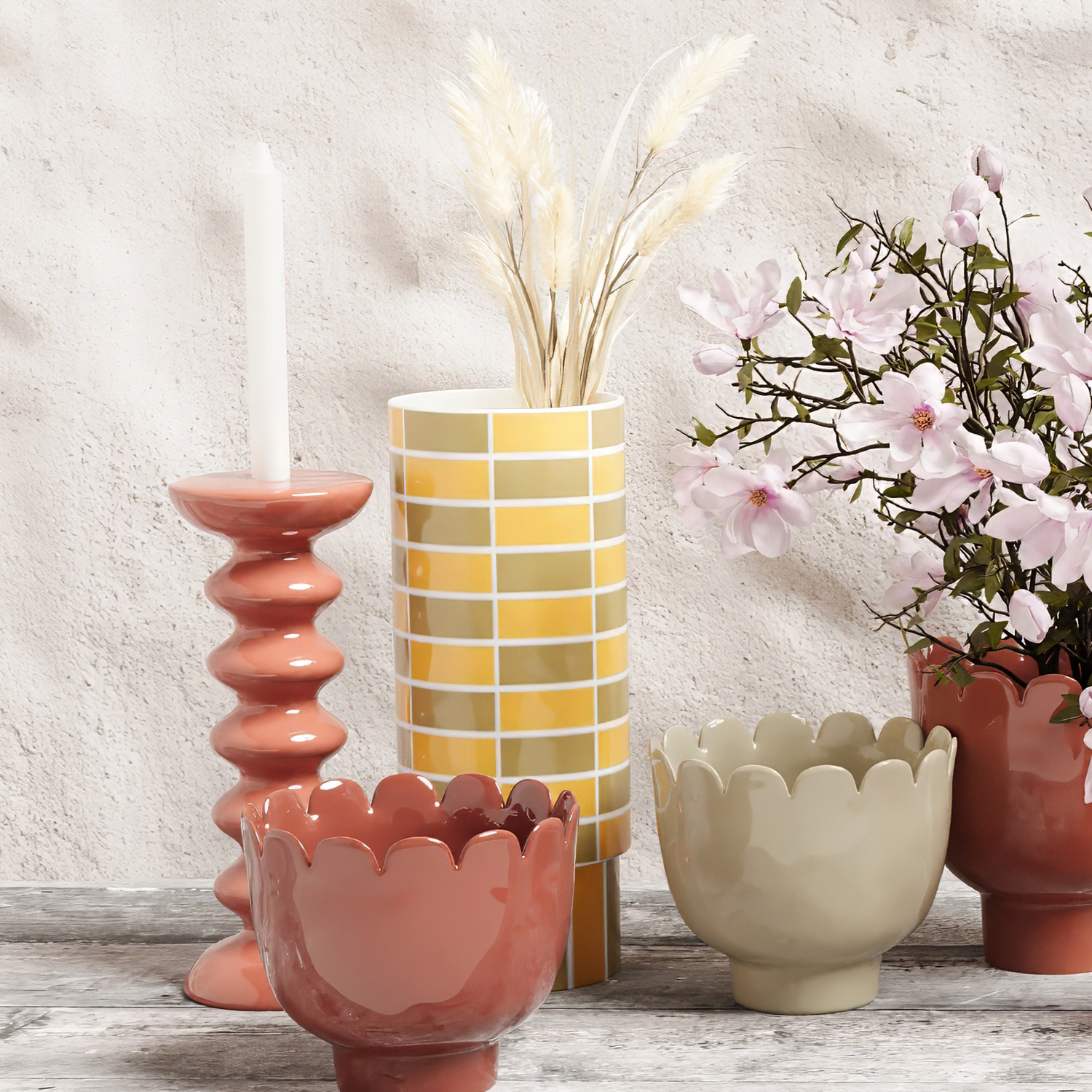 Ceramic tube vase with checkerboard pattern POTIRON PARIS Yellow