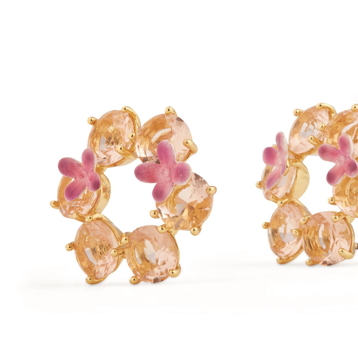 La Diamantine apricot flower and six round stone post earrings LES NEREIDES Pink