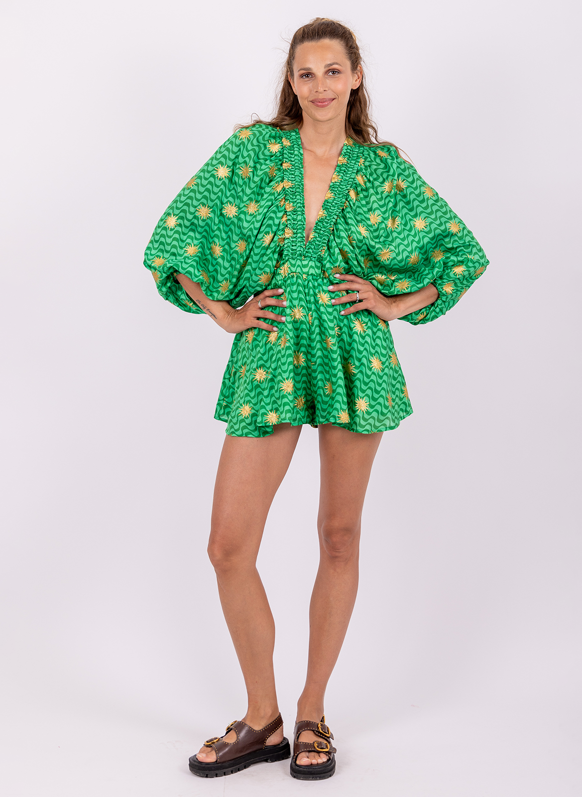 Wide V-neck playsuit SUNDRESS Green