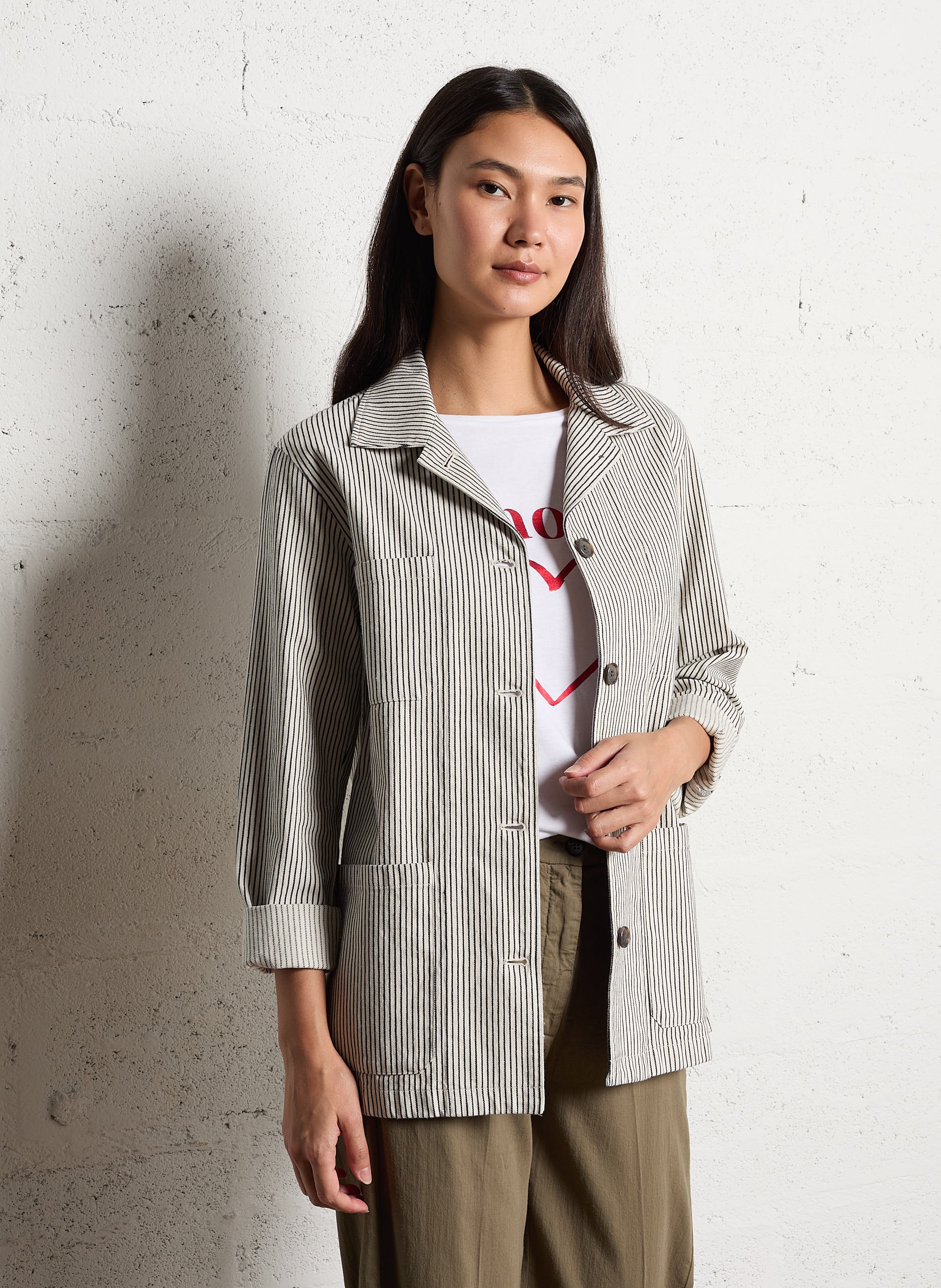 Veste col classique rayée en coton mélangé HARTFORD Beige