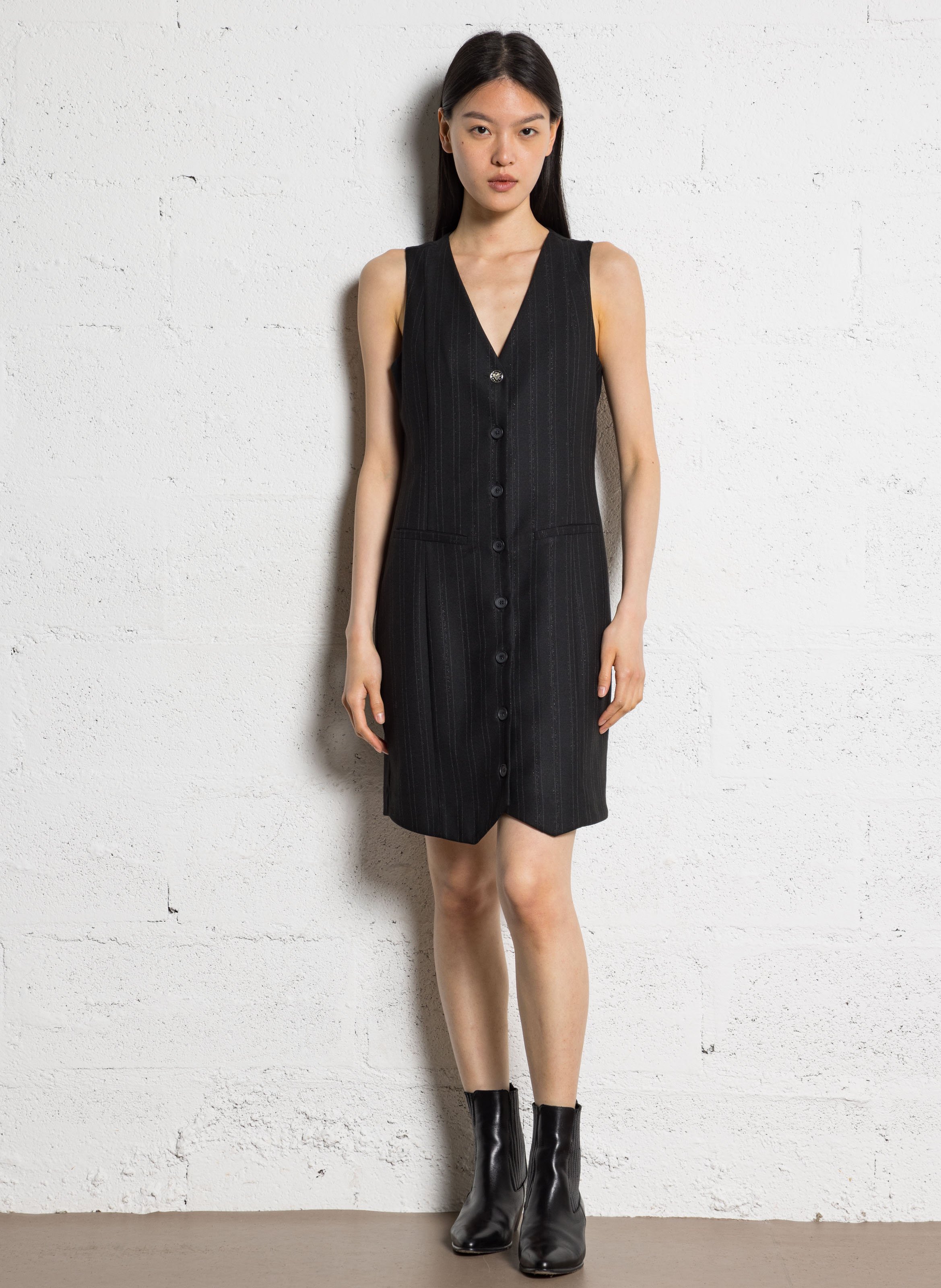 Short striped V-neck dress I CODE Black