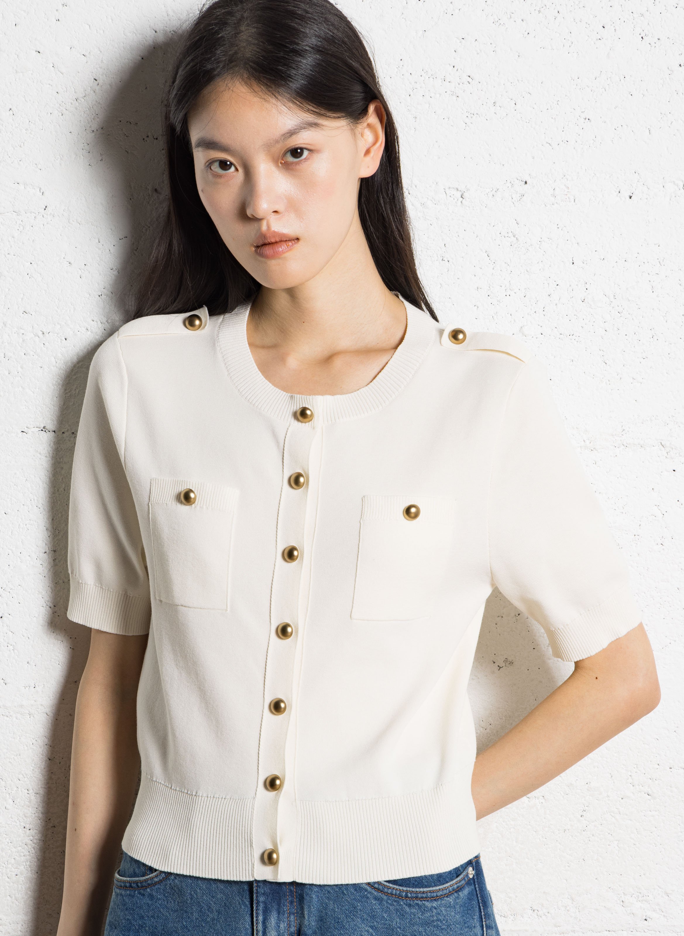 Cardigan droit col rond en coton mélangé IKKS Blanc