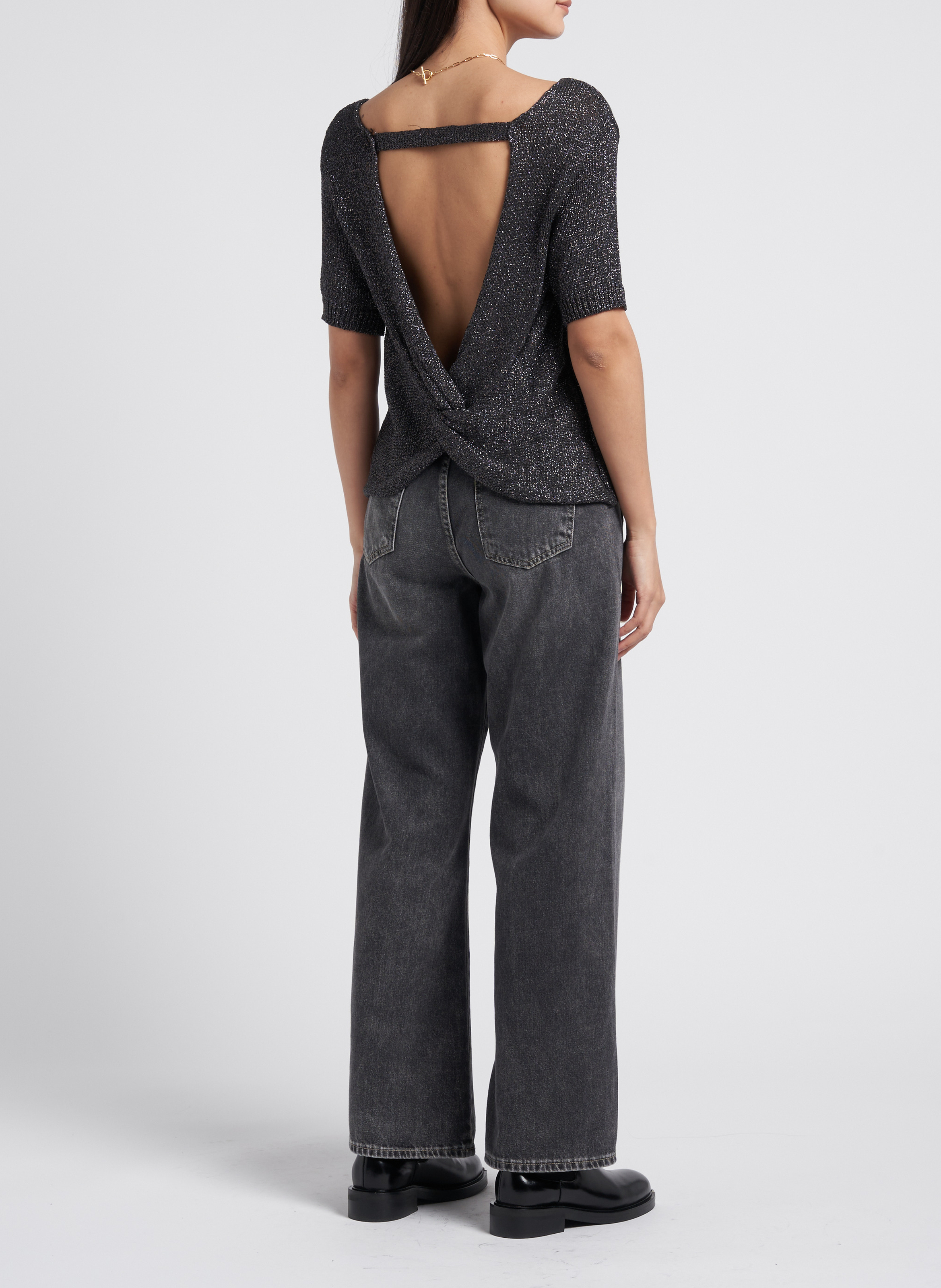 Pull col rond droit en maille PLEASE Gris