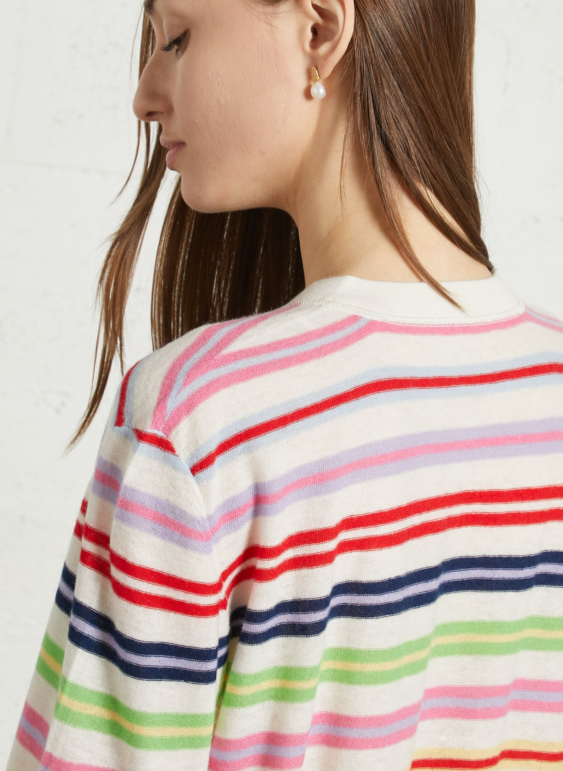 Rundhalsausschnitt-Pullover mit Knopfleiste und Streifenmuster aus Kaschmir MAJESTIC FILATURES Beige