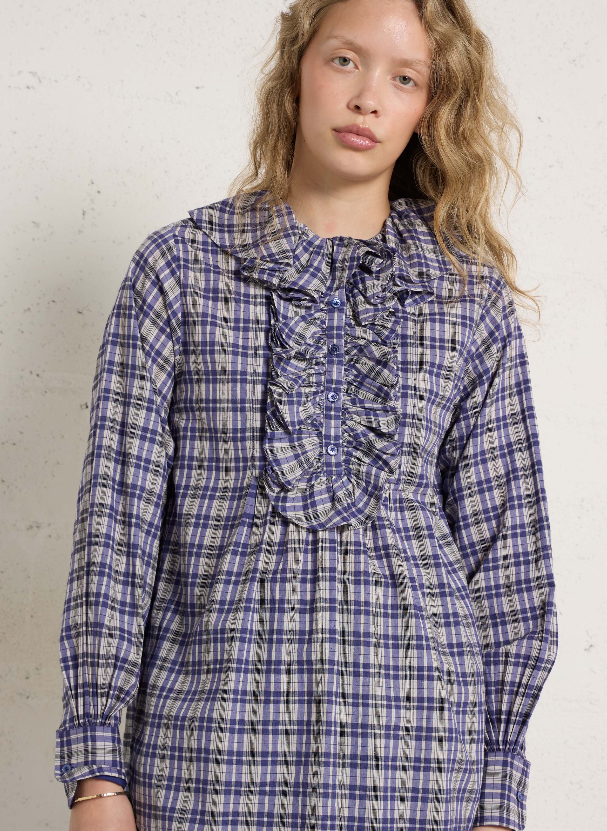 Round Neck Checkered Shirt with Ruffles LAURENCE BRAS Blue