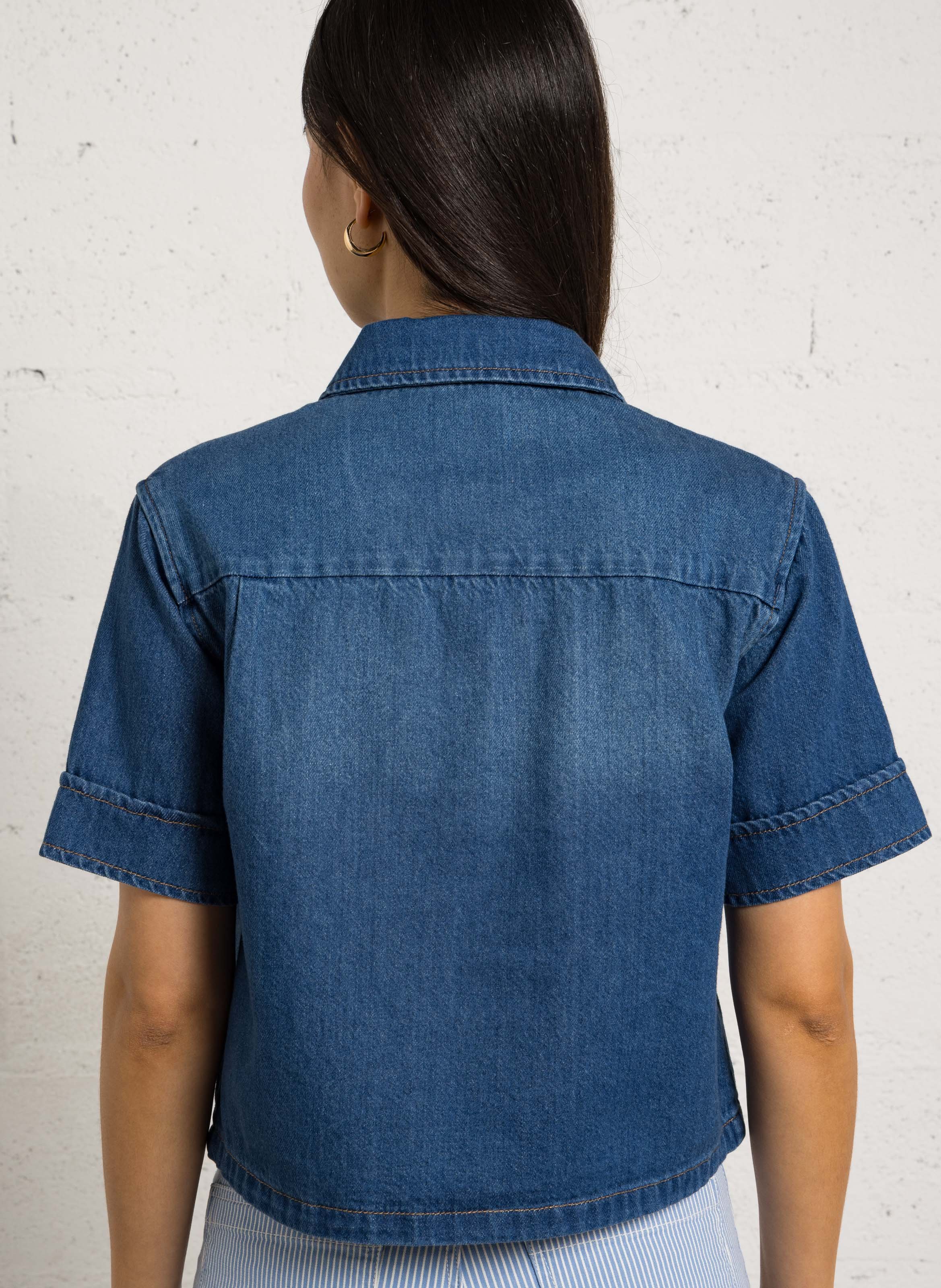 Chemise col classique en denim de coton MAISON 123 Bleu