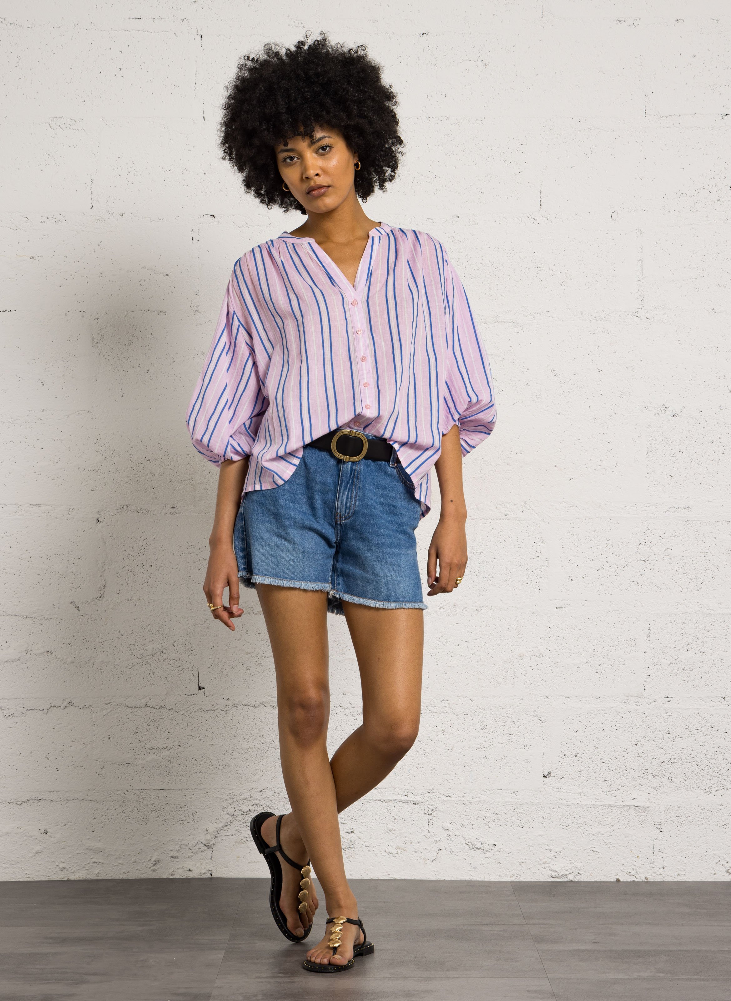 Blouse col tunisien à rayures MAISON 123 Rose