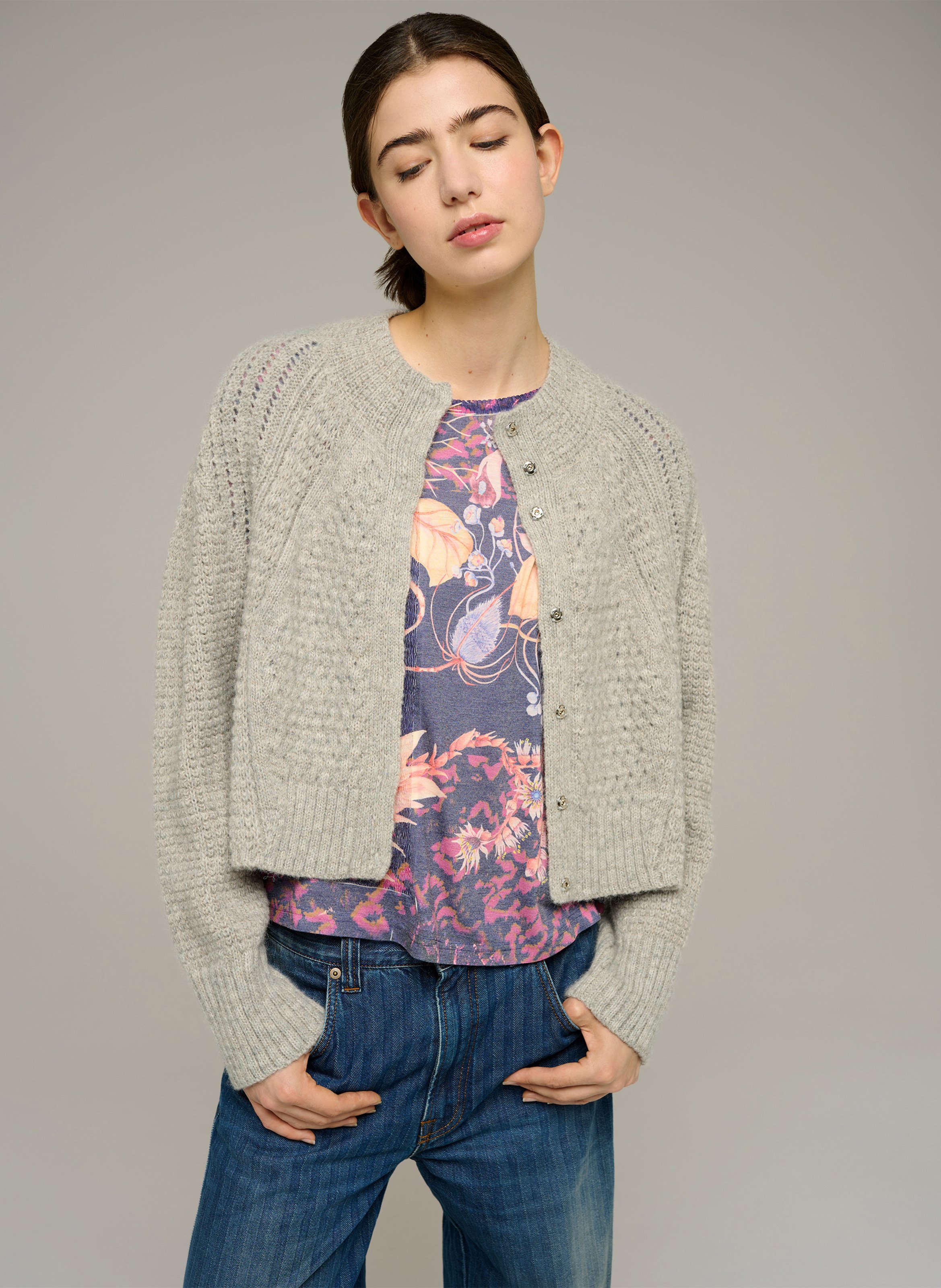 Gerade geschnittene Strickjacke aus Wollmix COTELAC Grau