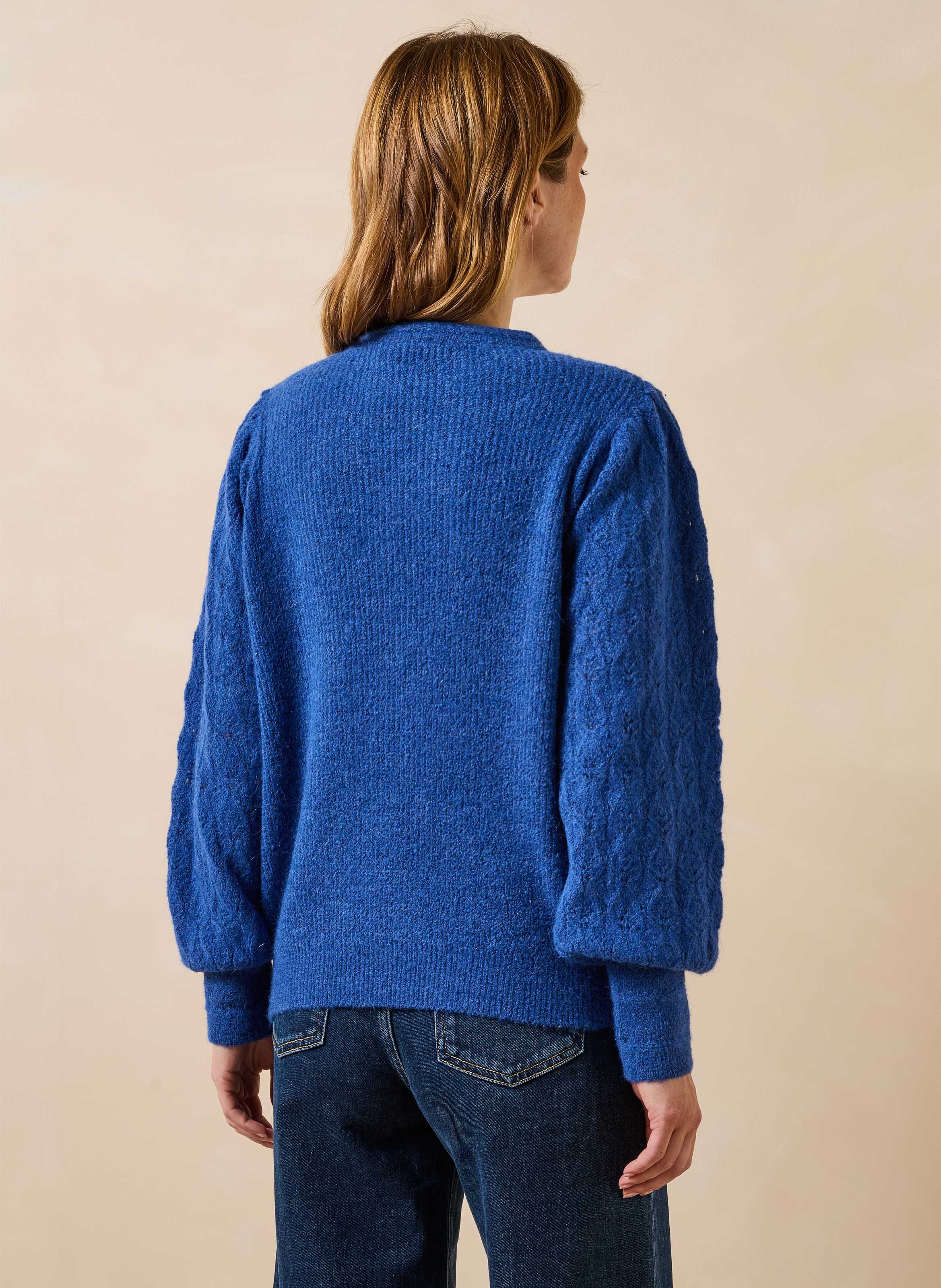 Straight fit round neck sweater in mixed knit with eyelet details. LA FEE MARABOUTEE Blue