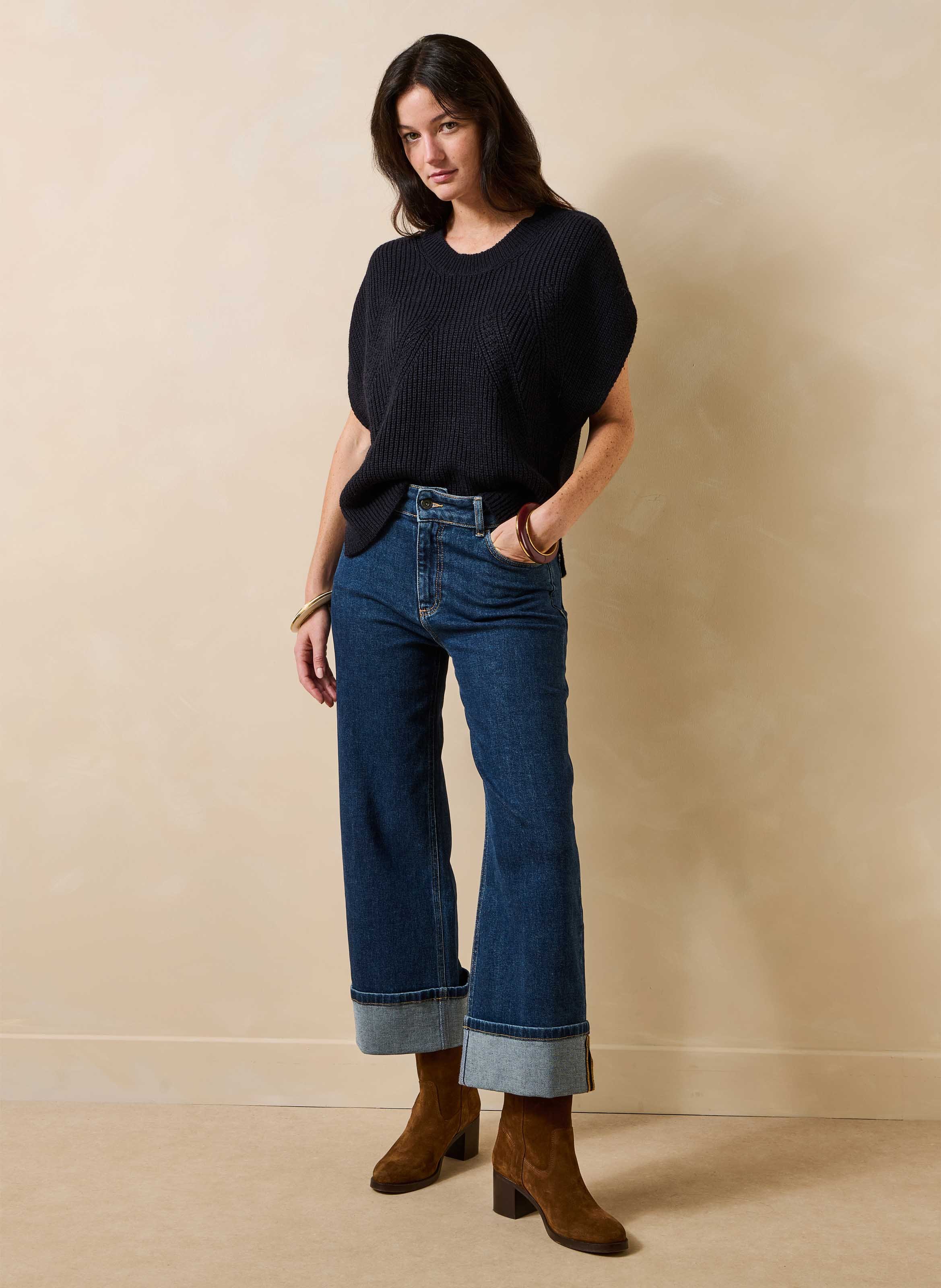 Ample ribbed boat neck sweater with pearl detail LA FEE MARABOUTEE Blue