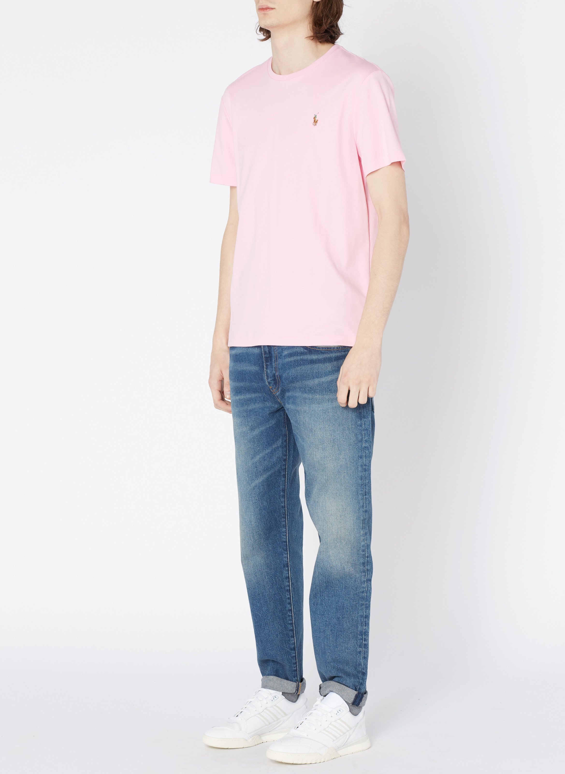Round-neck slim-fit pima cotton T-shirt with Pony Player Pink