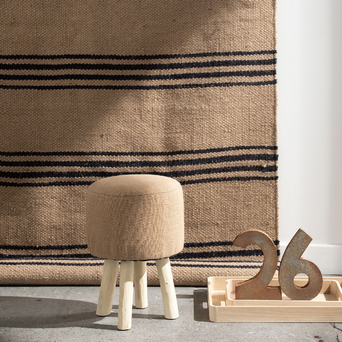 Wooden jute stool FACTORY Beige