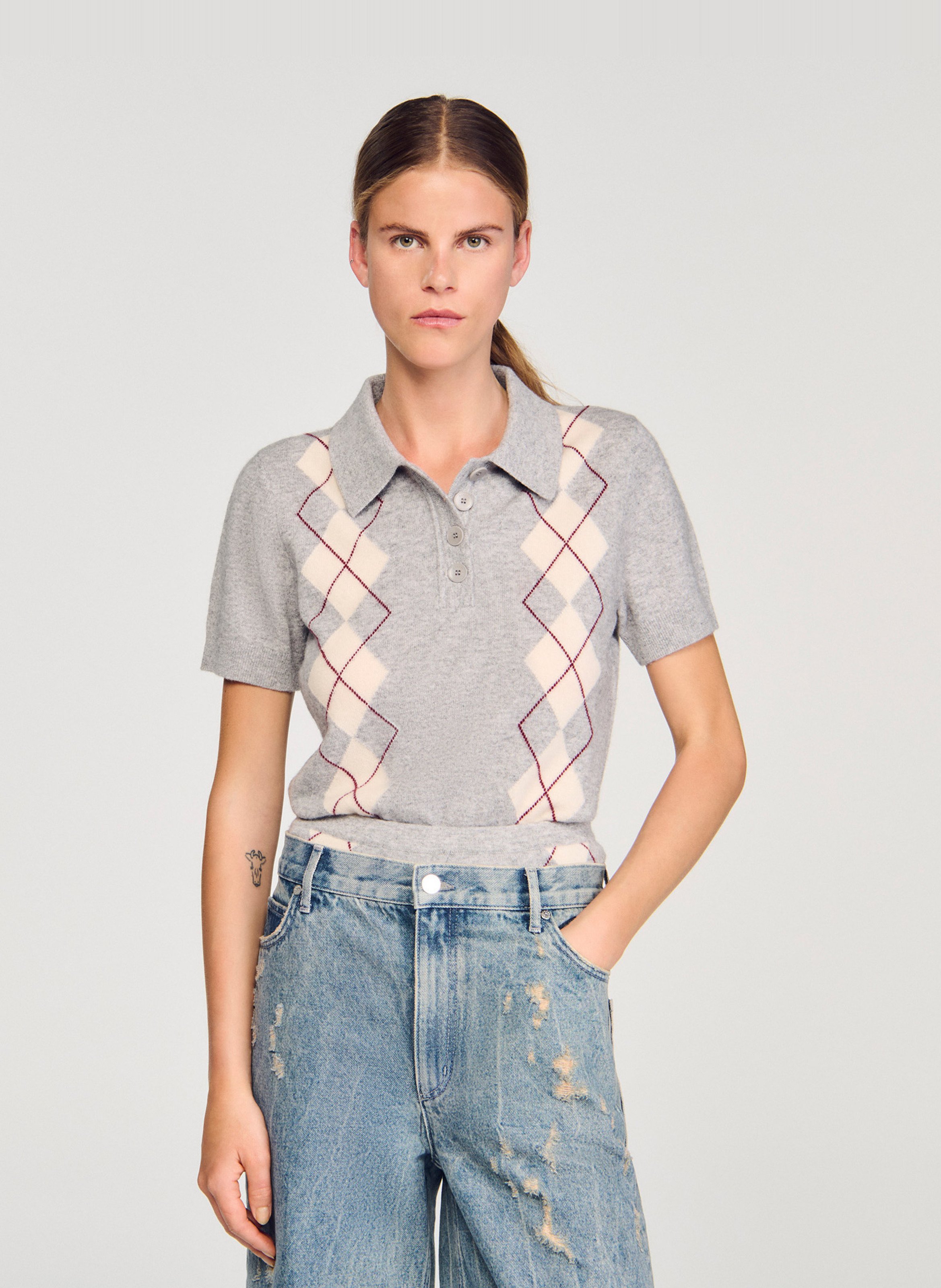 Pull droit col polo en laine et cachemire SANDRO Gris