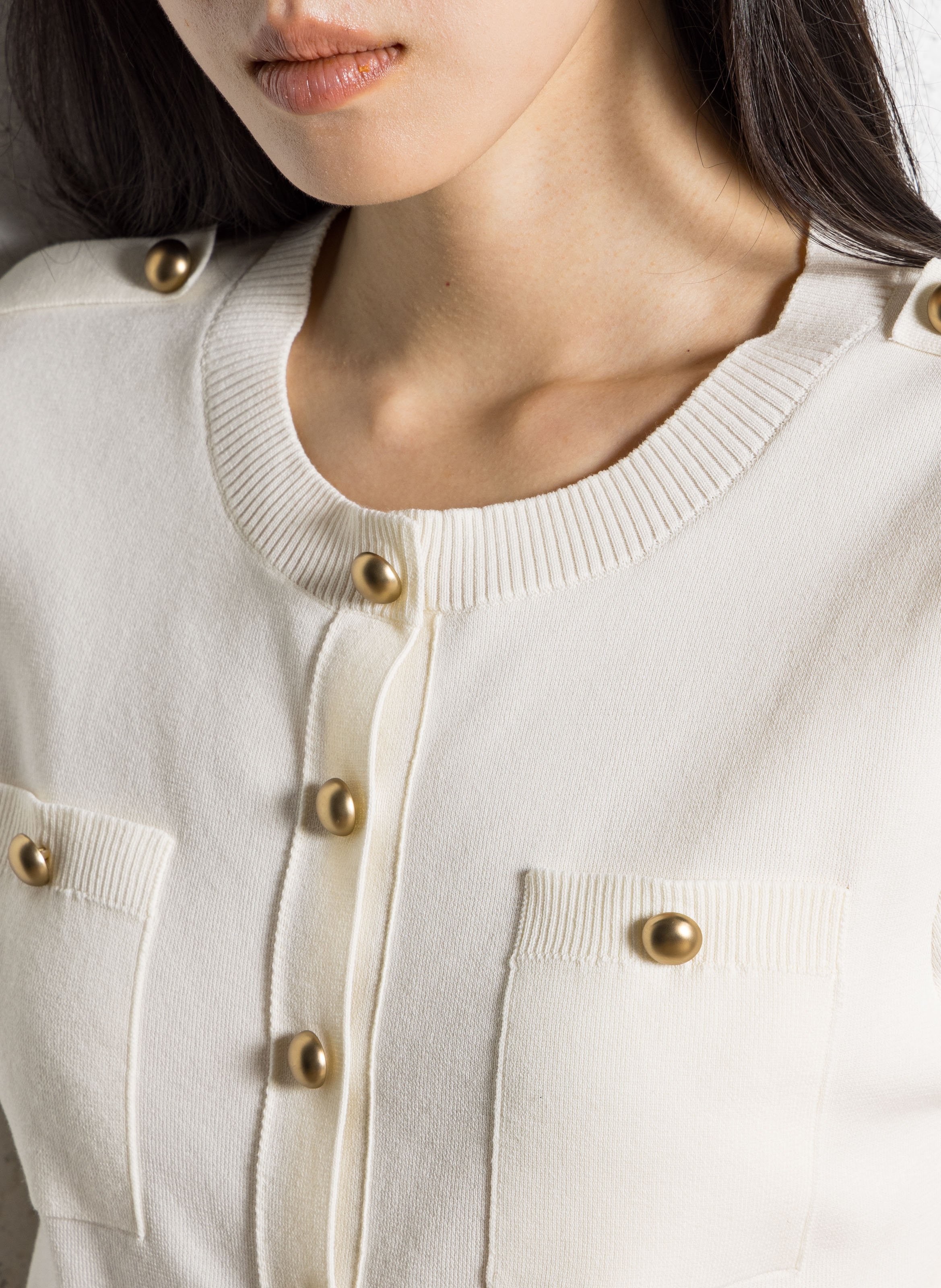 Cardigan droit col rond en coton mélangé IKKS Blanc