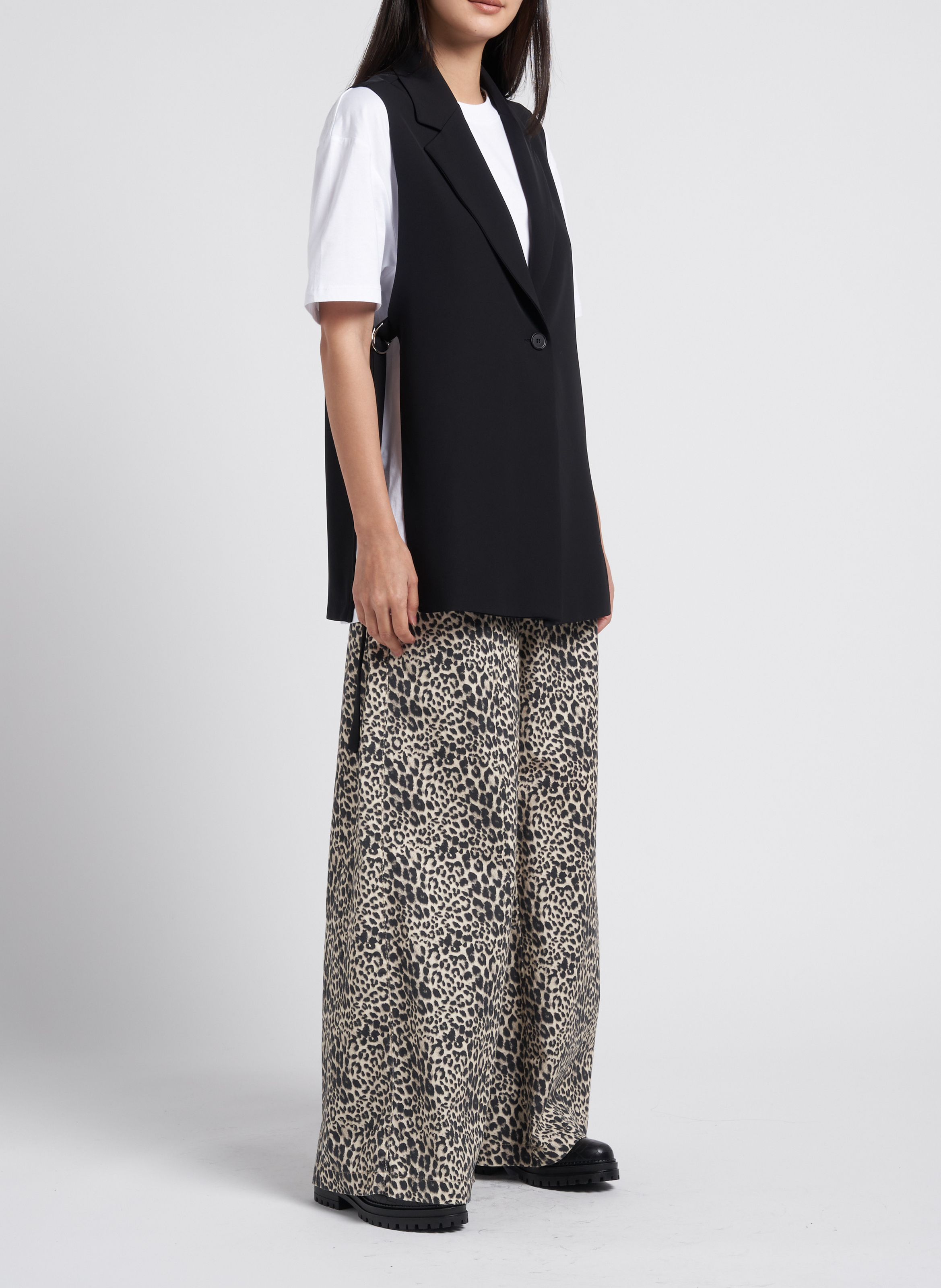 Pantalon palazzo taille haute en coton mélangé imprimé PLEASE Noir