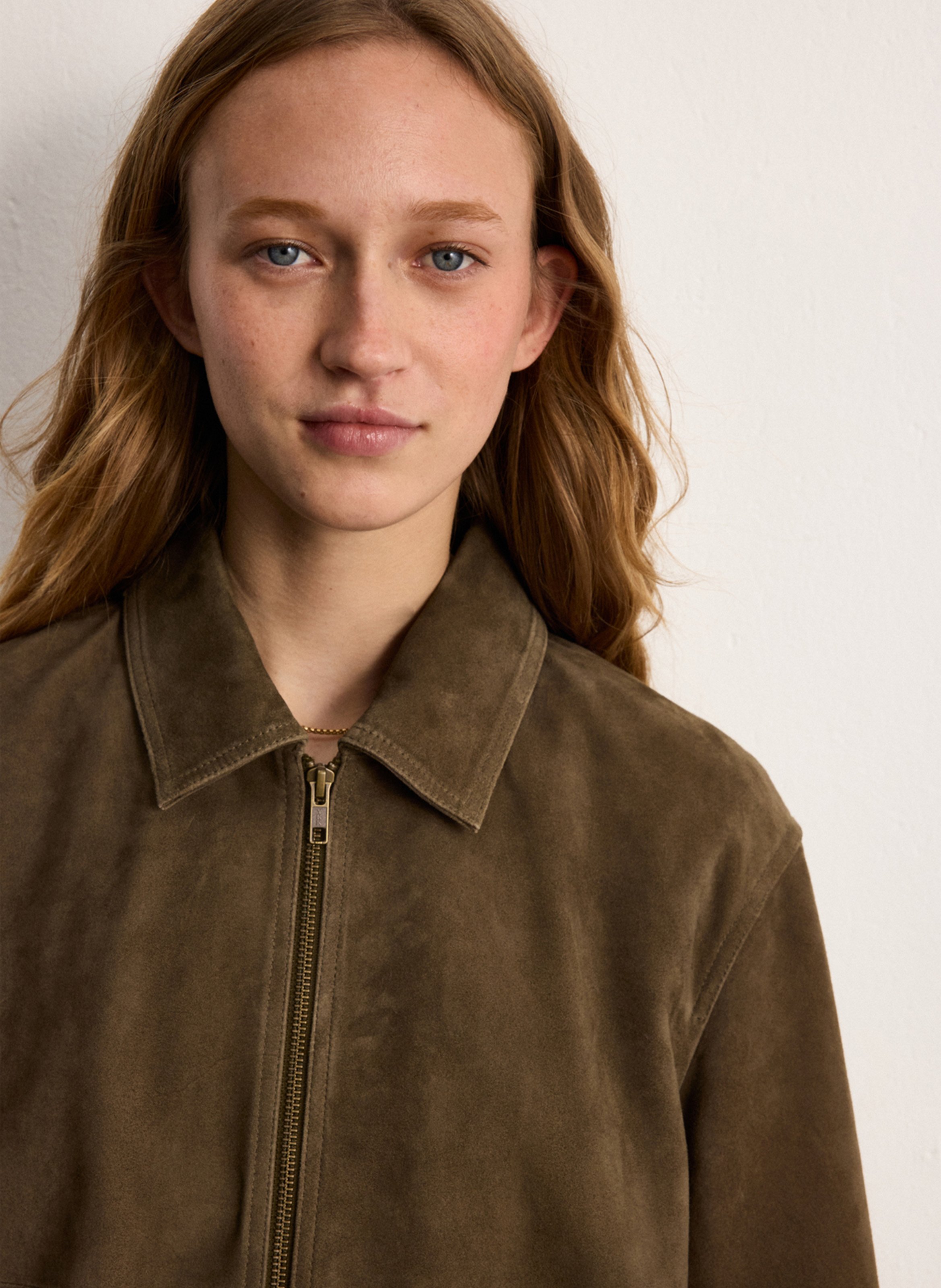 Oversized jacket with classic collar in suede leather PABLO Khaki