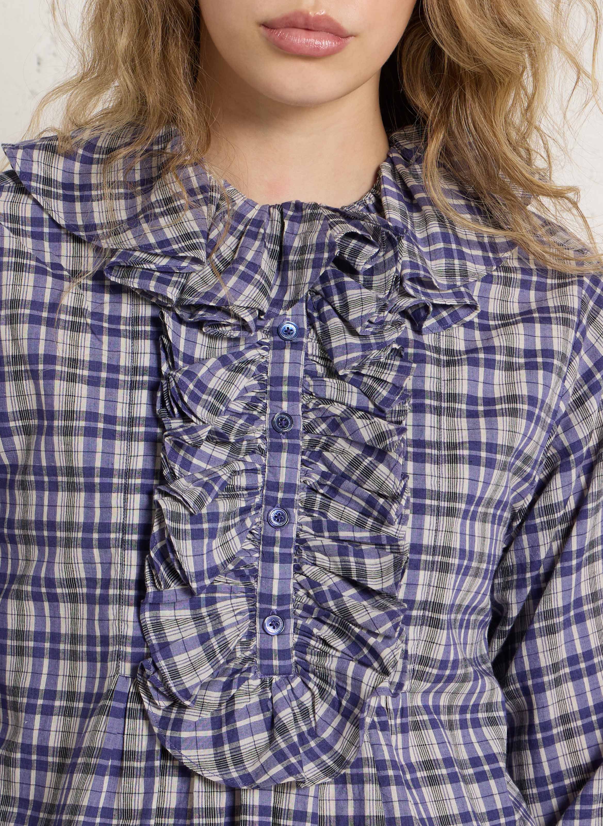 Round Neck Checkered Shirt with Ruffles LAURENCE BRAS Blue