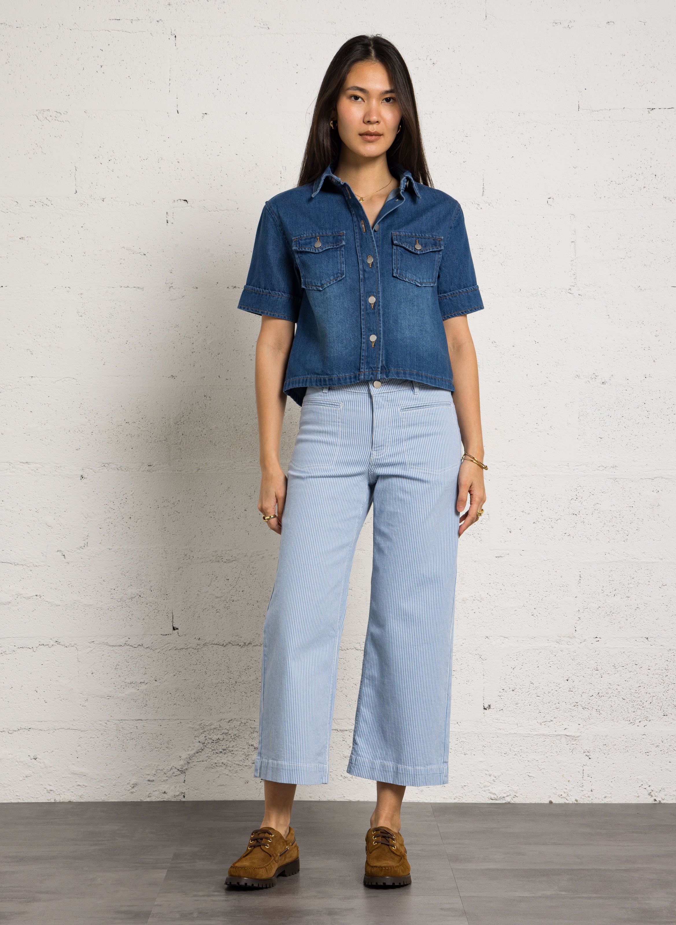 Chemise col classique en denim de coton MAISON 123 Bleu