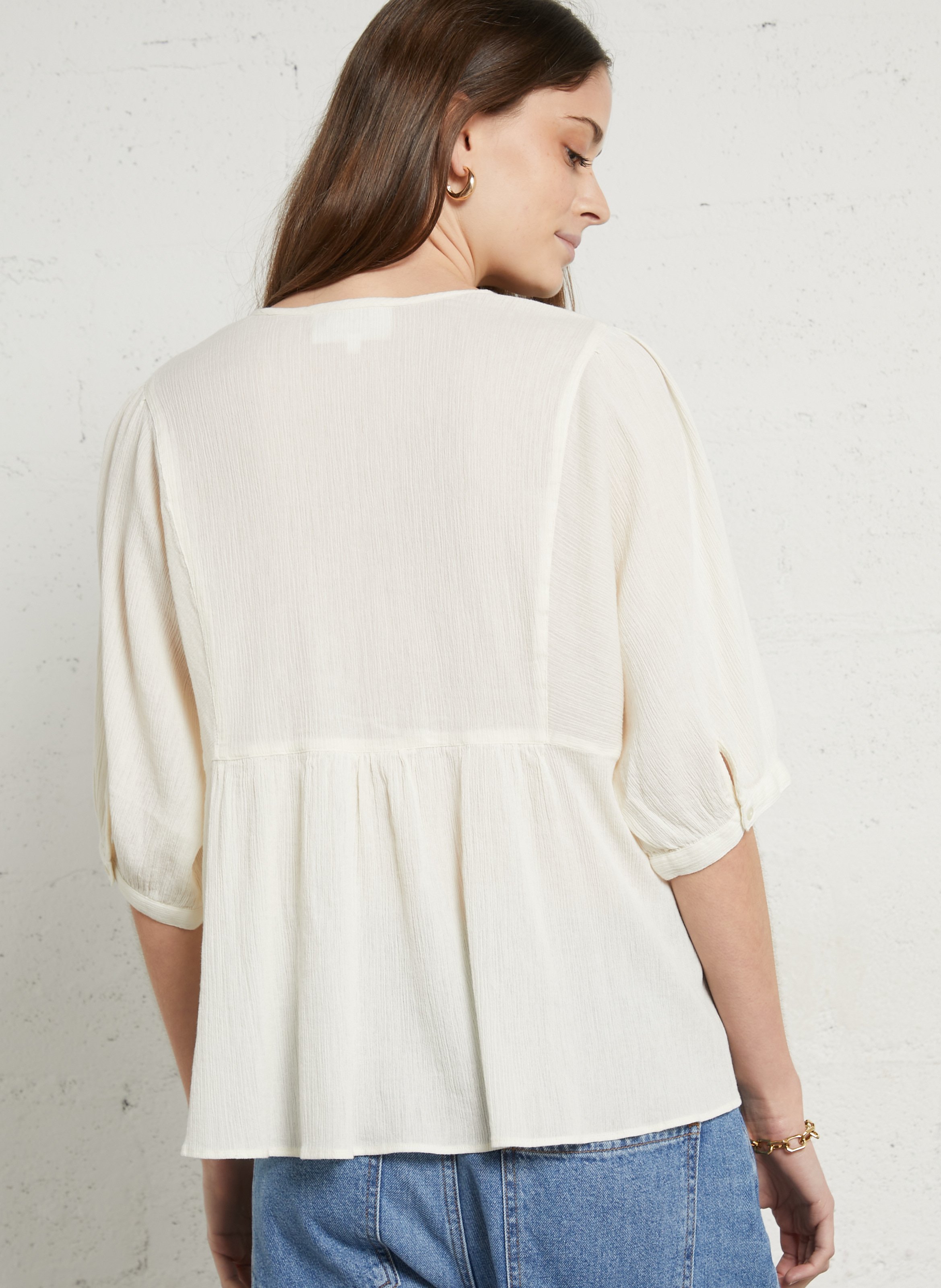 Weit geschnittenes Top mit V-Ausschnitt aus Baumwolle SUD EXPRESS Beige