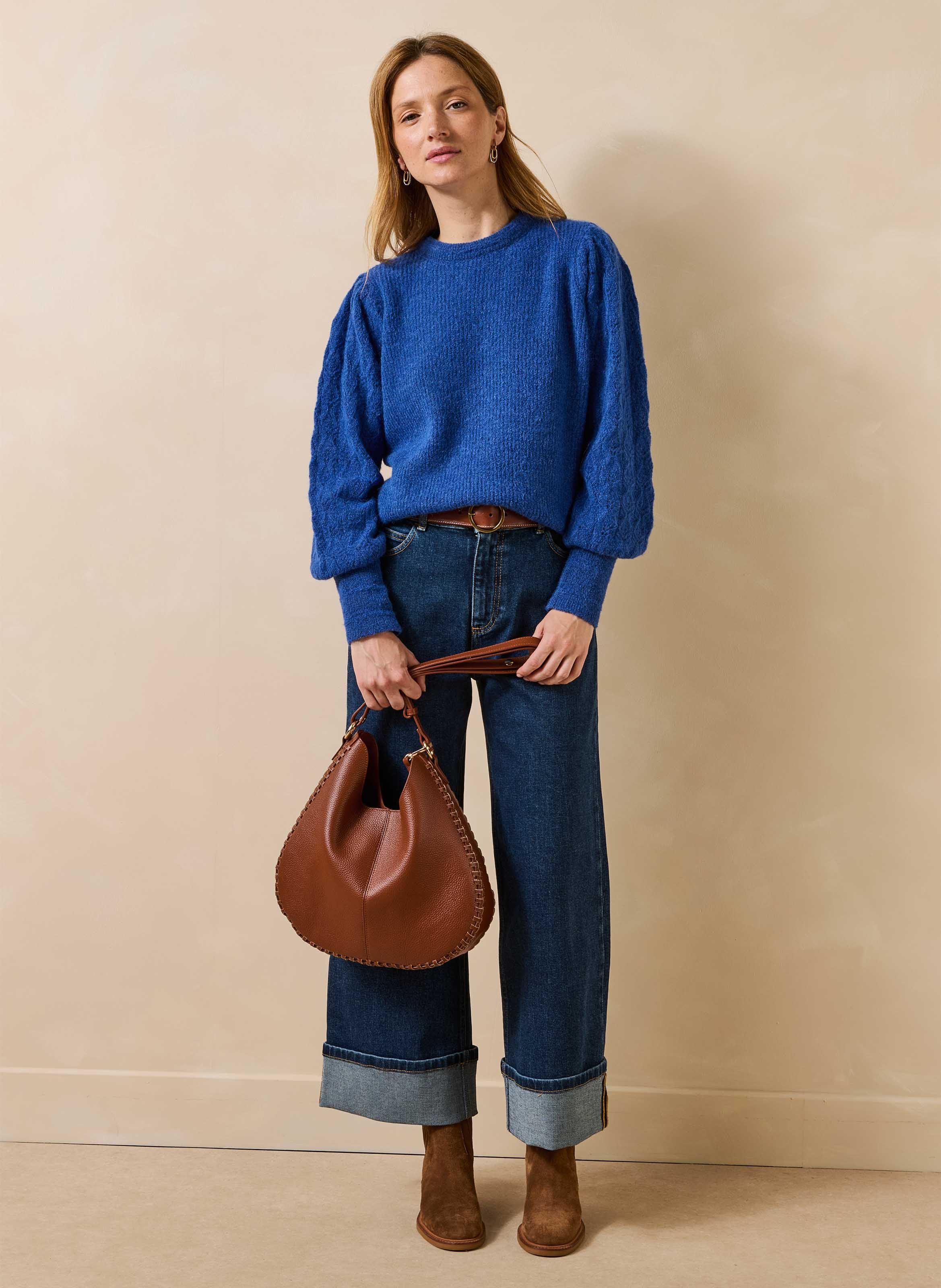 Straight fit round neck sweater in mixed knit with eyelet details. LA FEE MARABOUTEE Blue