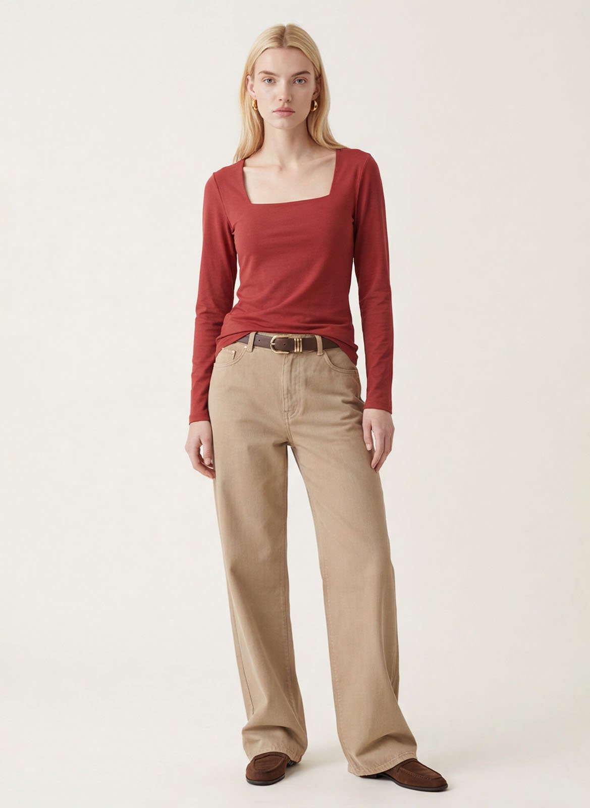 Top droit col carré en coton mélangé | Marron KOOKAI Femme