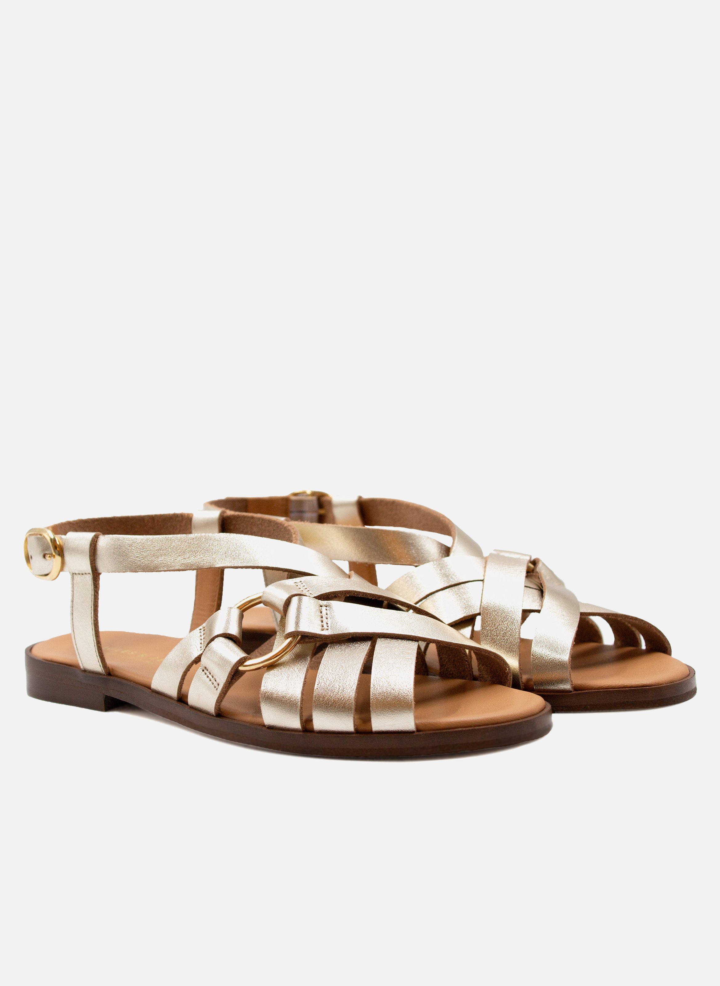 Sandales plates anneau cuir métallisé Doré