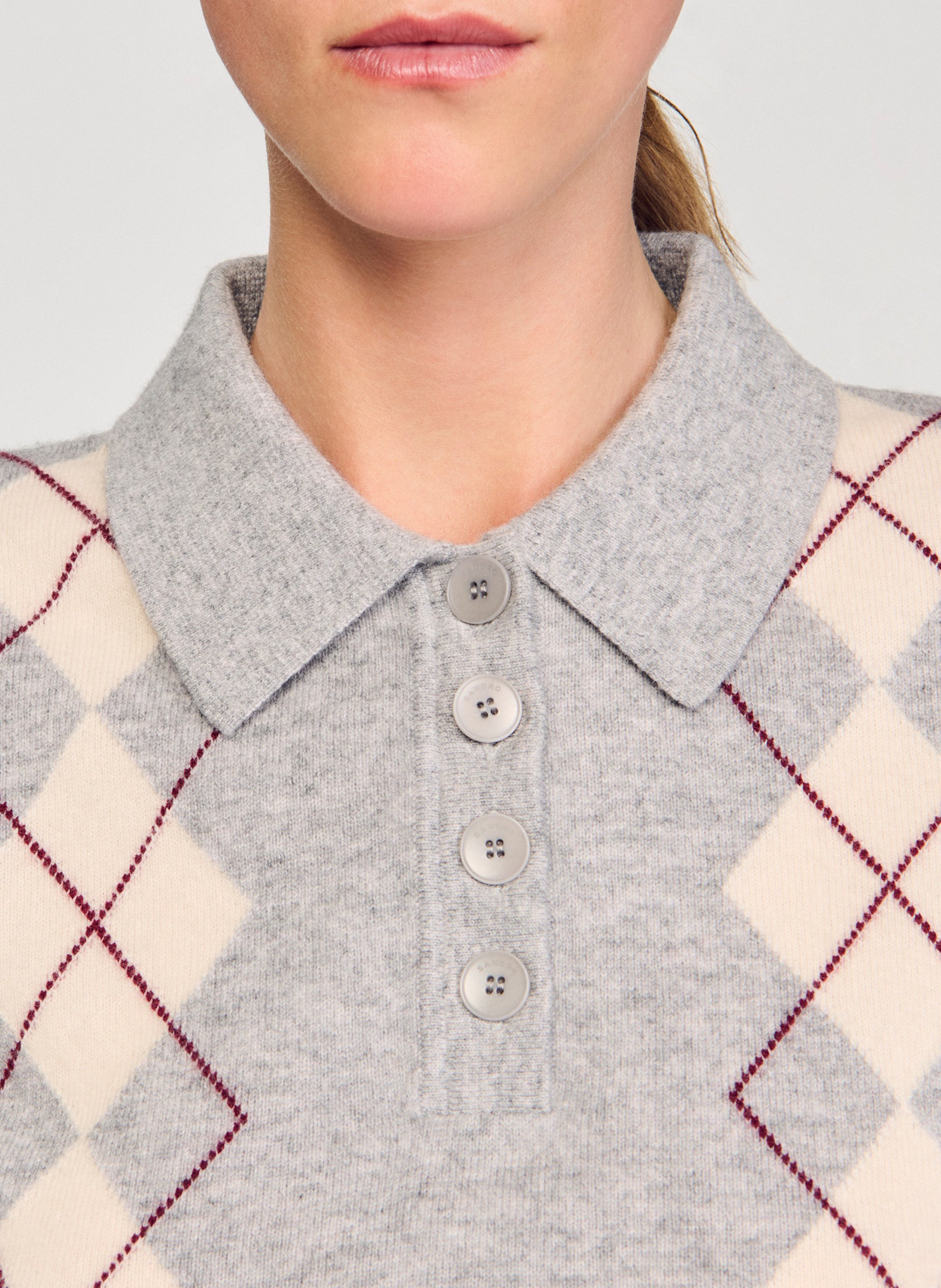 Pull droit col polo en laine et cachemire SANDRO Gris