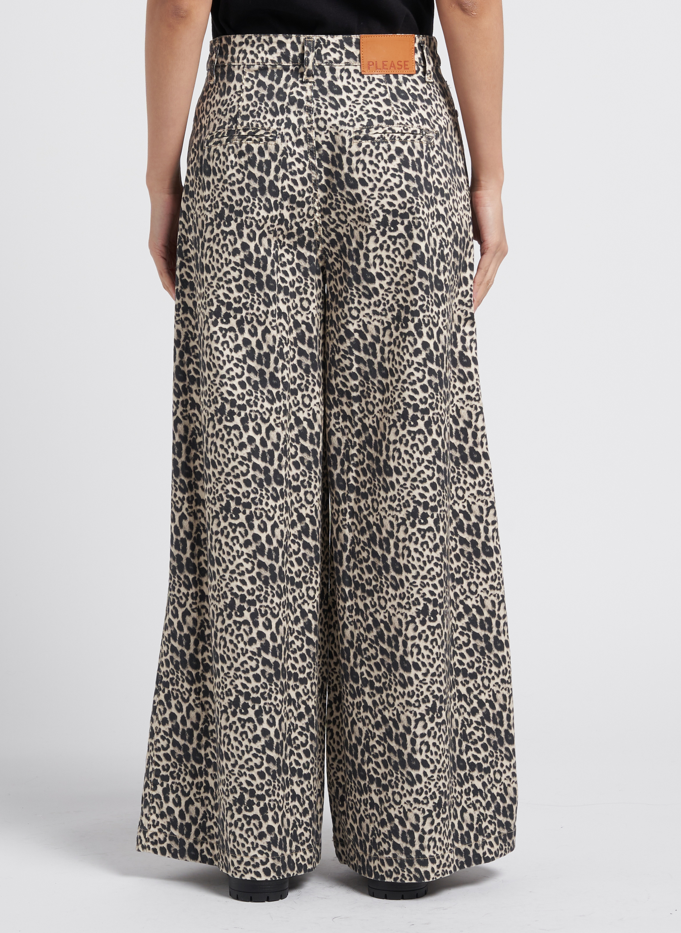 Pantalon palazzo taille haute en coton mélangé imprimé PLEASE Noir