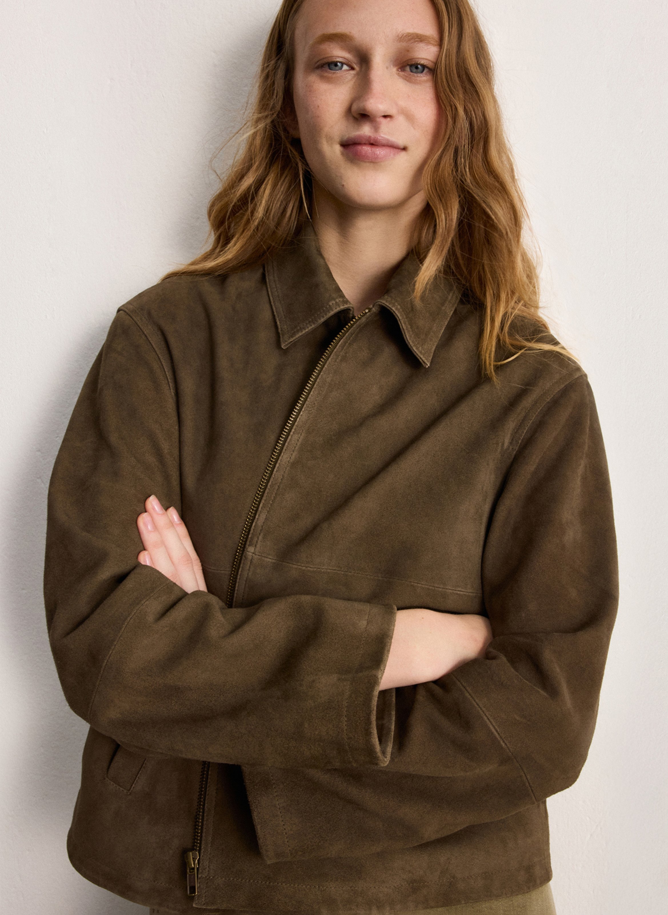 Oversized jacket with classic collar in suede leather PABLO Khaki