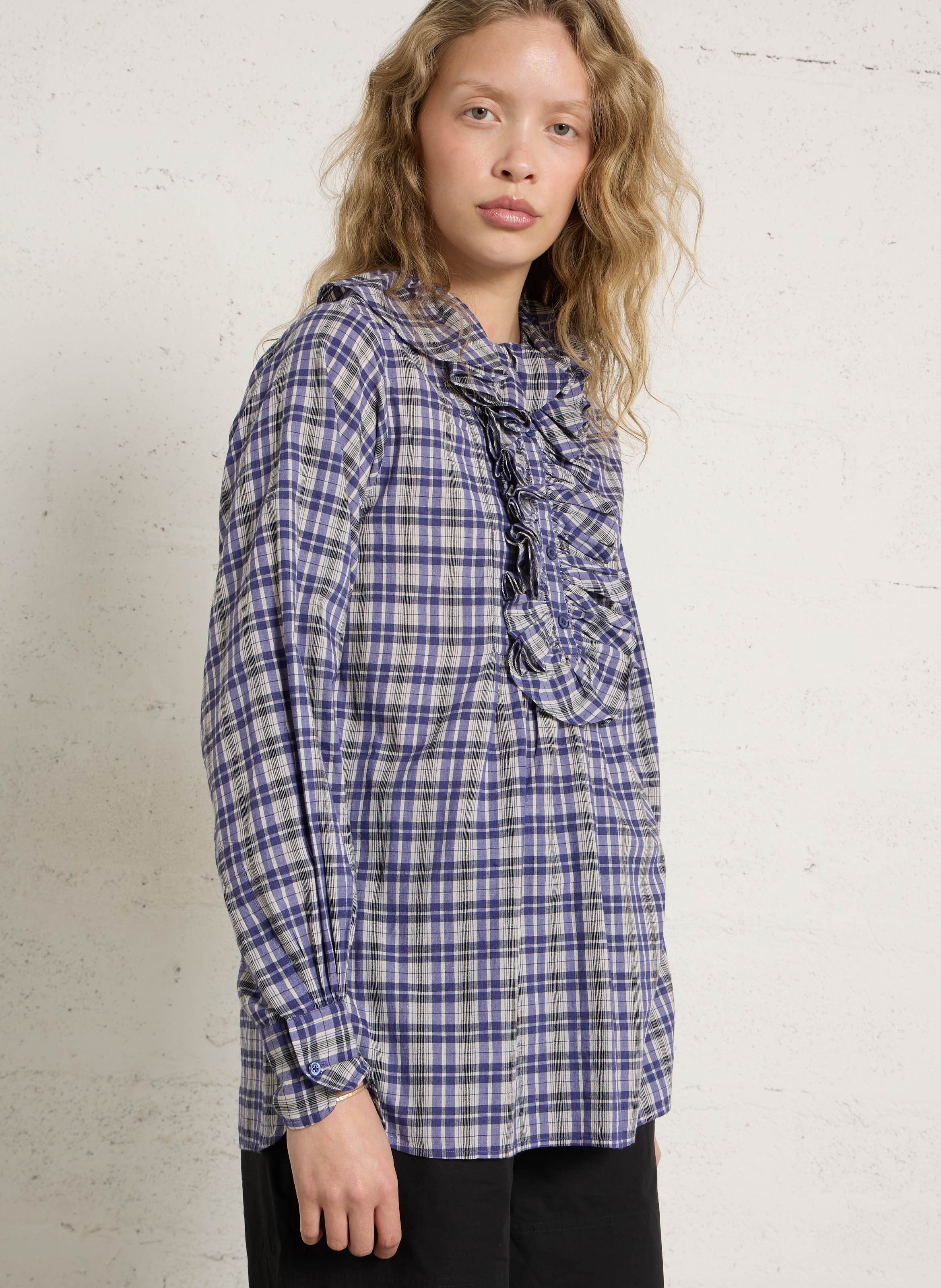 Round Neck Checkered Shirt with Ruffles LAURENCE BRAS Blue