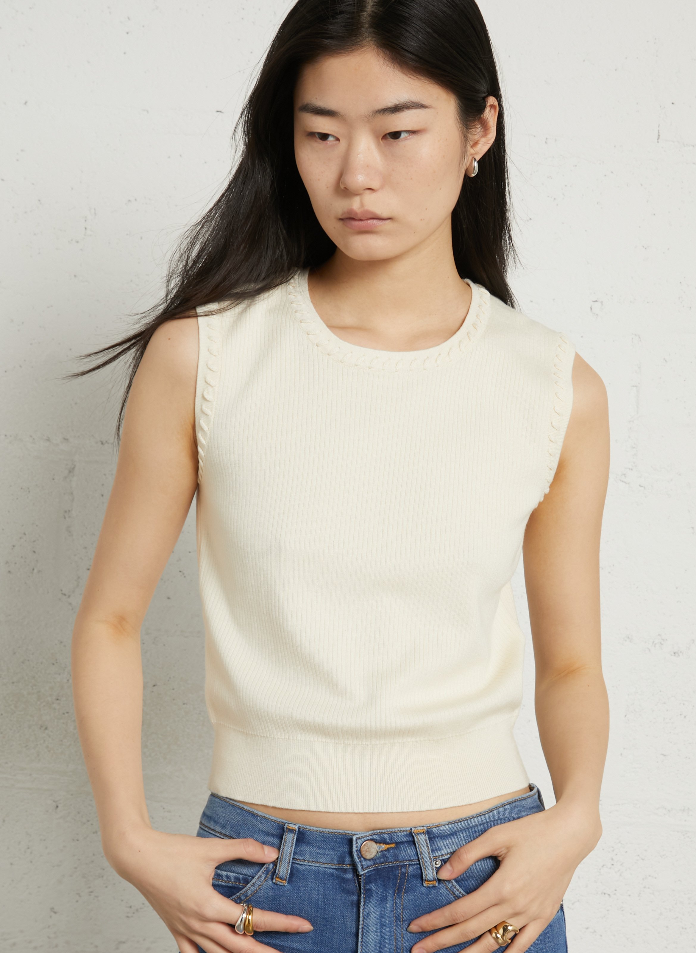 Gerade geschnittenes Rundhals-Top aus Baumwoll-Mix MAISON 123 Weiss