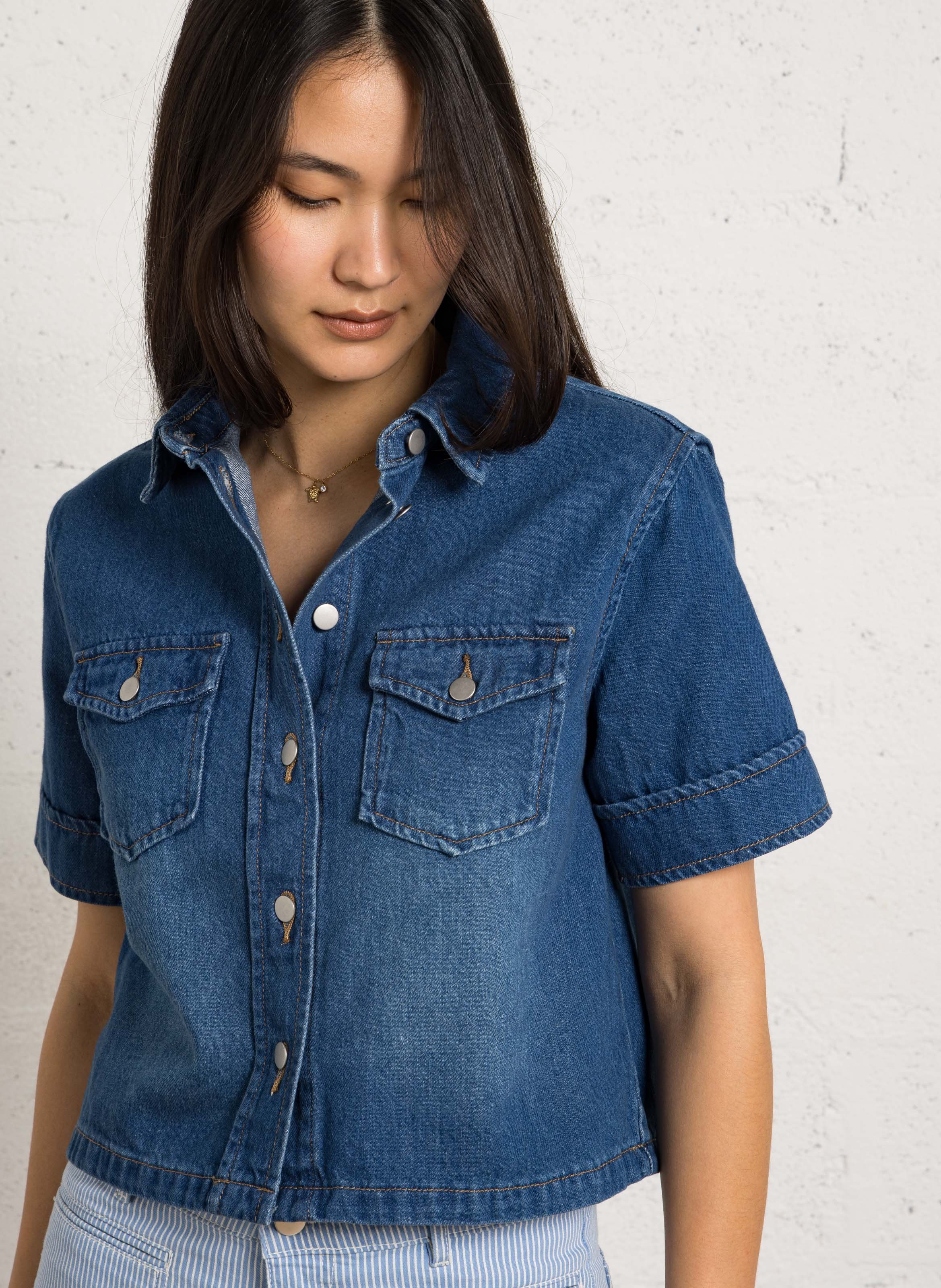 Chemise col classique en denim de coton MAISON 123 Bleu