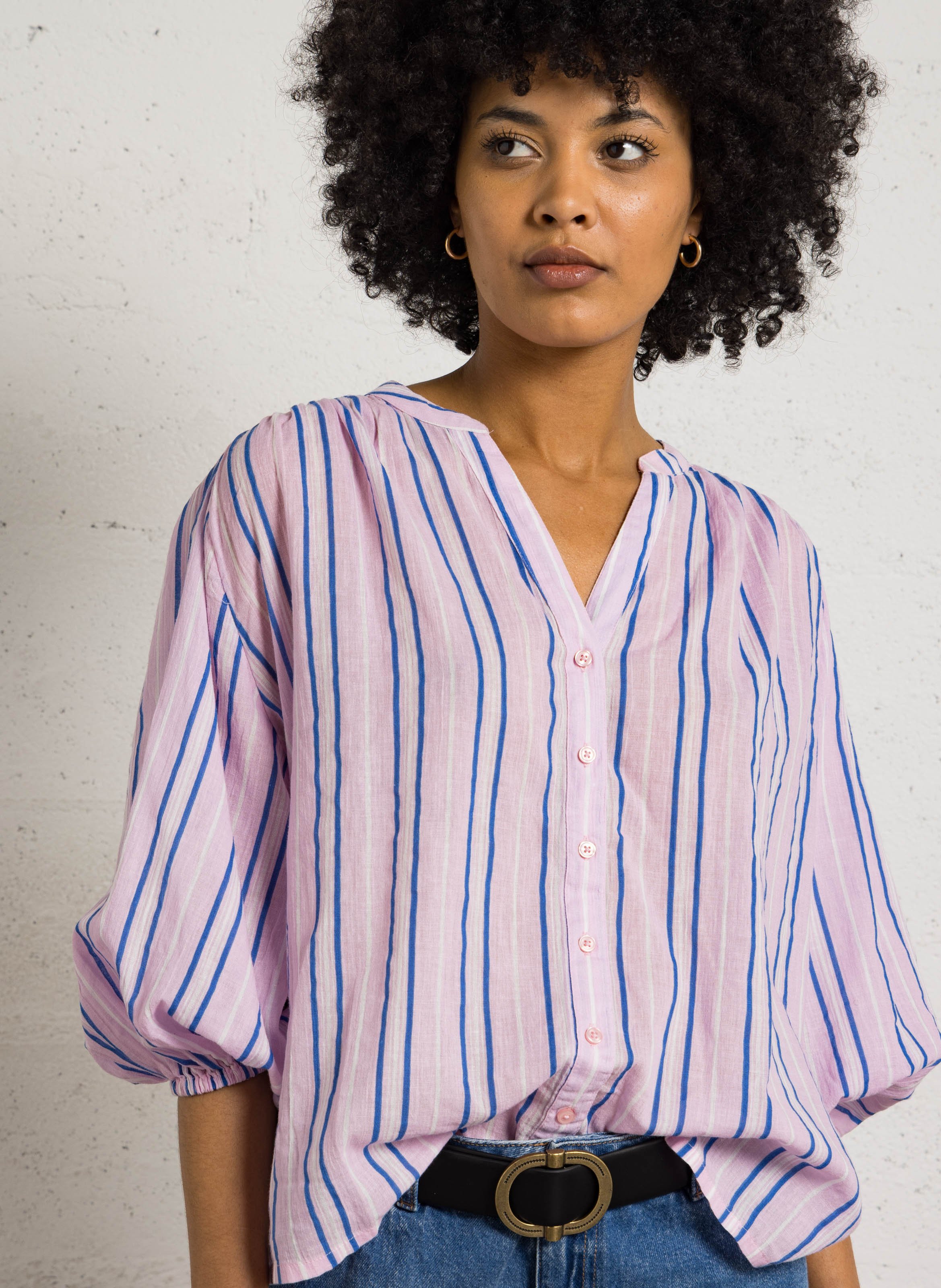 Blouse col tunisien à rayures MAISON 123 Rose