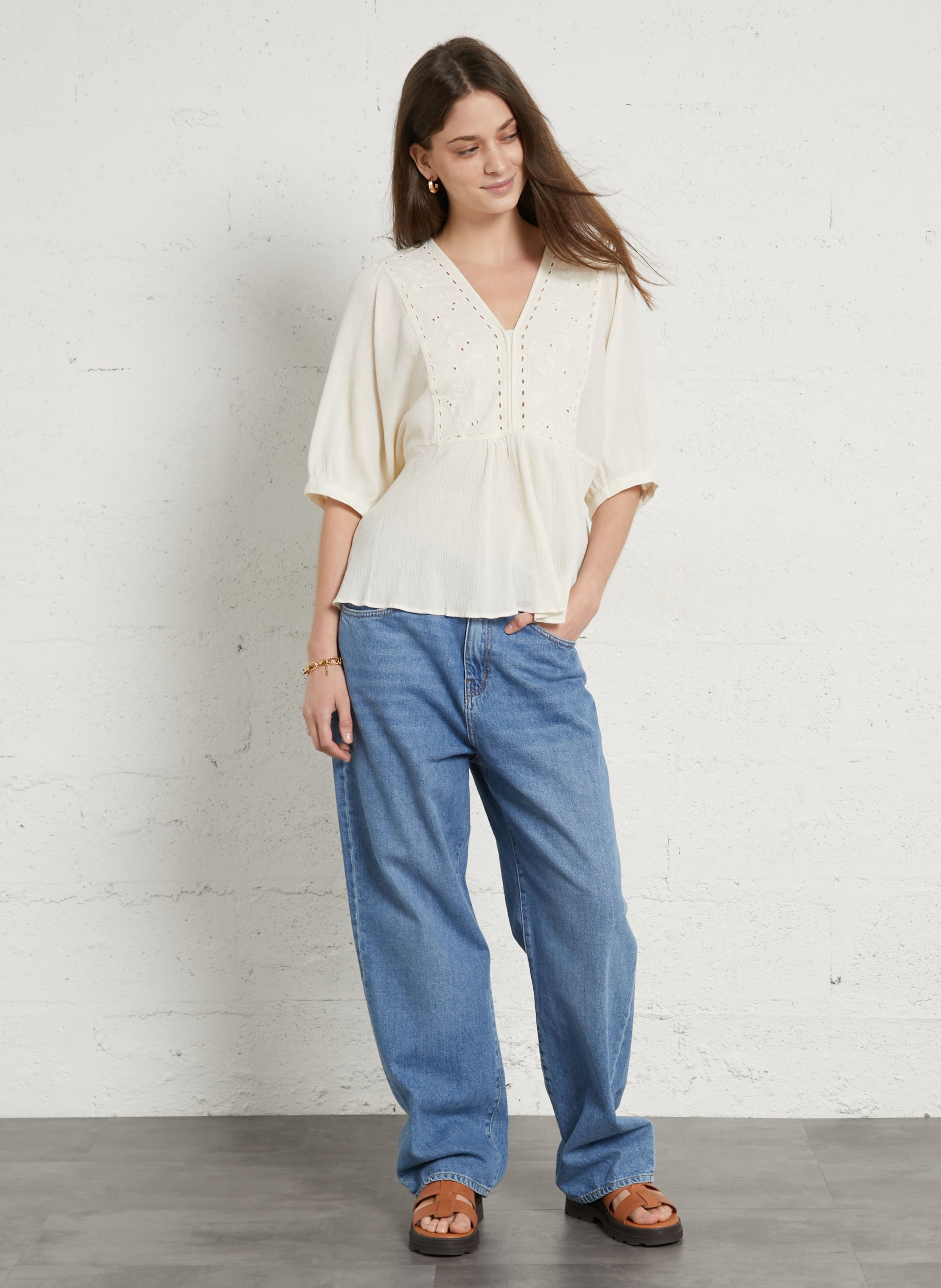 Weit geschnittenes Top mit V-Ausschnitt aus Baumwolle SUD EXPRESS Beige