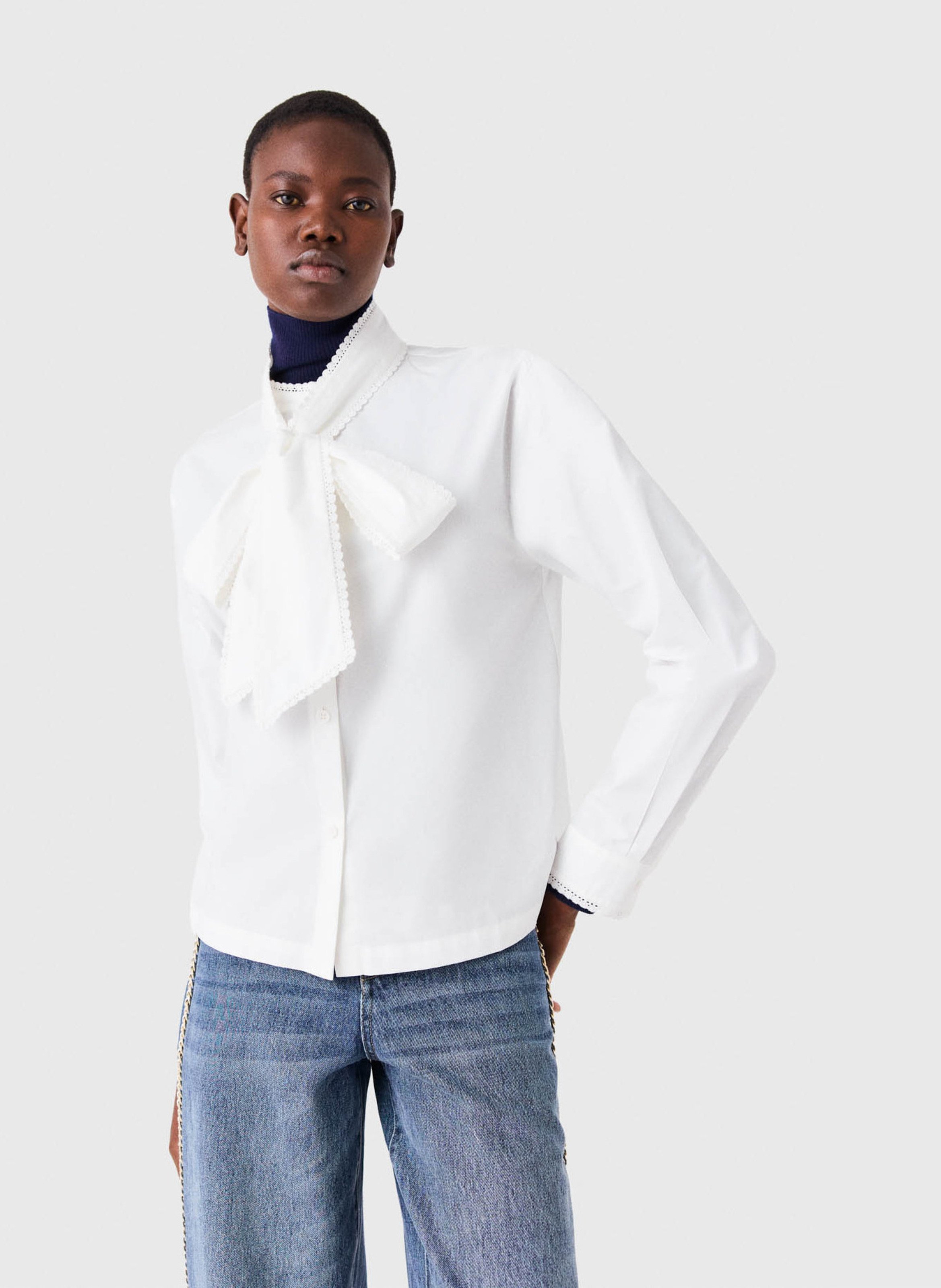 Chemise col lavallière en coton MAJE Blanc